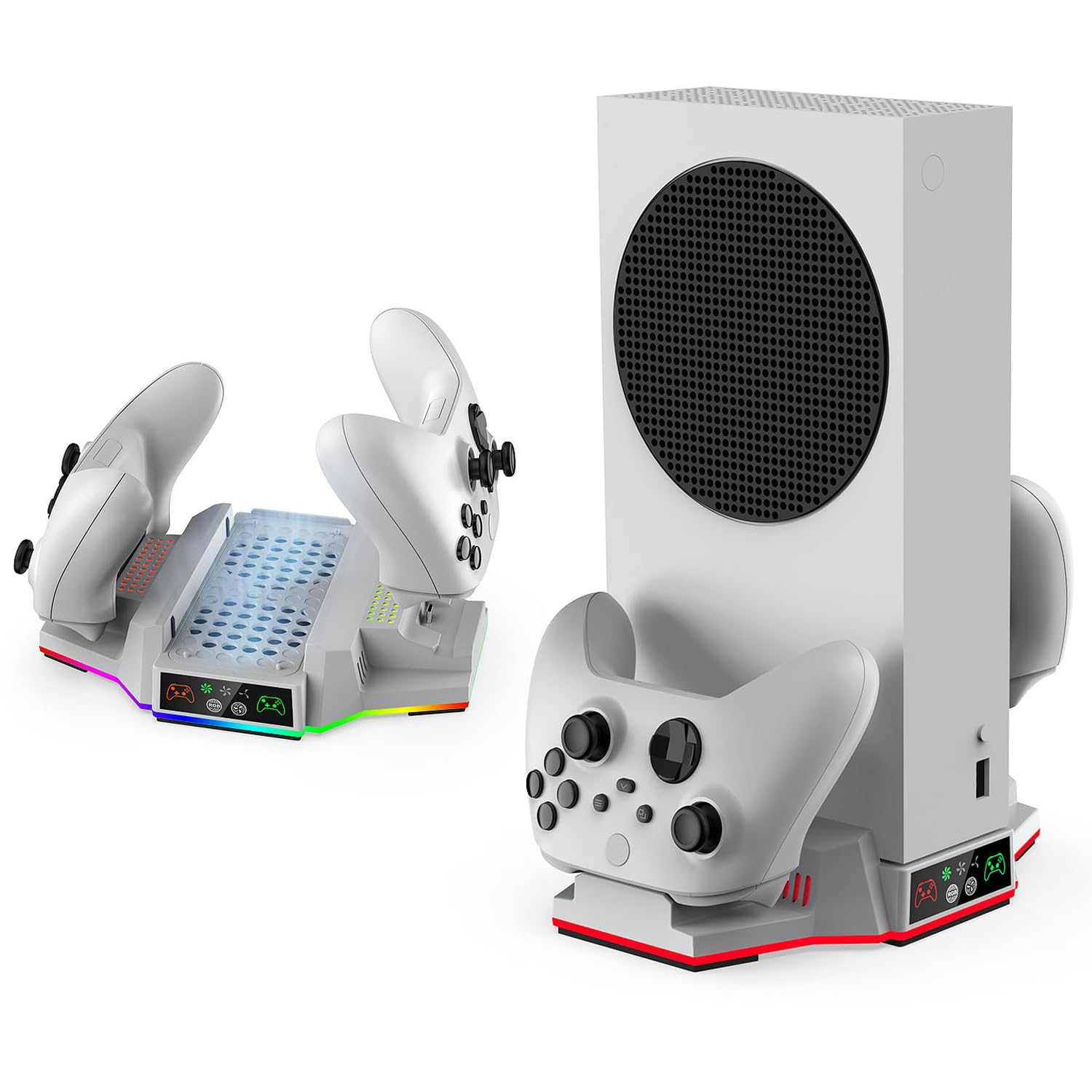 Xbox Series S Cooling Stand with RGB Lights - Dual Controller Charger & Cooling Fan Accessory - Includes 2 Rechargeable Battery Packs (White) - Perfect for Gaming Sessions & Console Protection