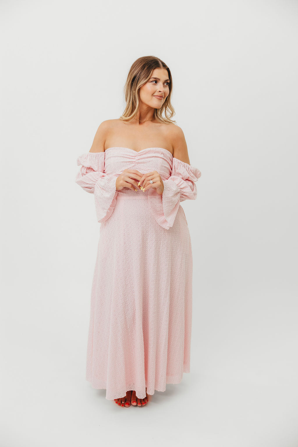 Corrine Tiered Sleeve Maxi Dress with Pockets - Baby Pink Maternity Dress | Bump Friendly & Comfortable for Pregnancy, Nursing, Special Occasions & Summer Weddings