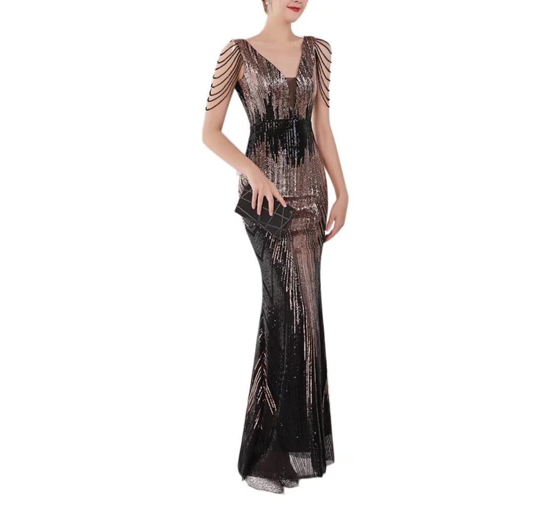 Mordarli Women's V Neck Sequin Prom Dresses 2023 - Elegant Long Evening Gown with Crystal Beadings for Formal Events, Homecoming, Pageants & Special Occasions