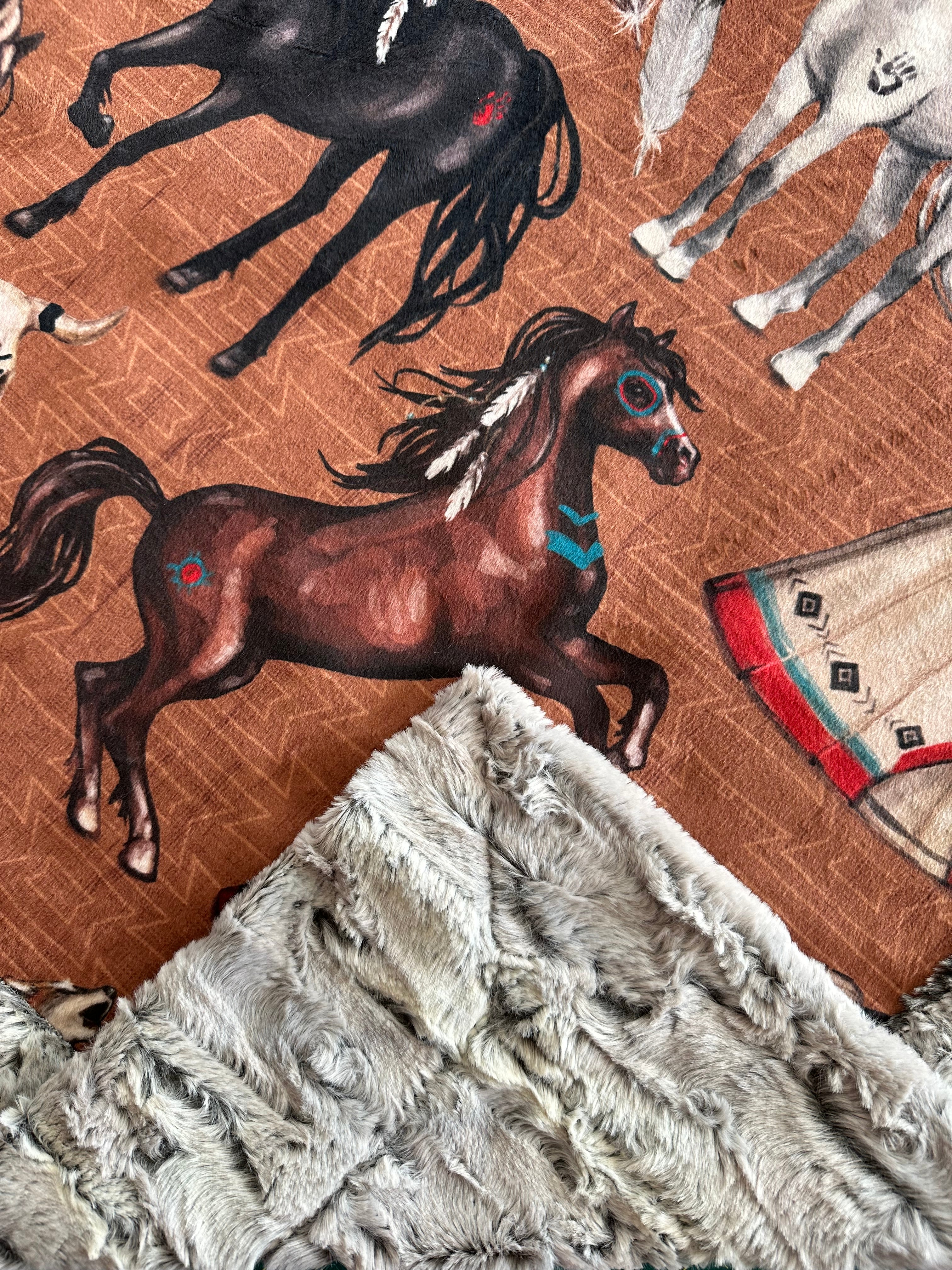 Premium Native American Horses Design Silver Fox Large 54x79 Inch Minky Blanket (Brown) - Ultra Soft & Cozy for Bedroom, Living Room, or Gift Giving - Spoonflower High Quality Fabric