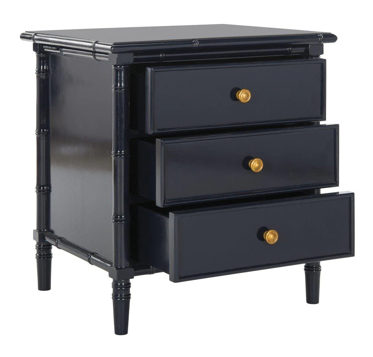 Coastal Three Drawer Bamboo Nightstand - Navy Blue Bedside Table for Bedroom | Rustic Beach House Decor & Bedside Storage Solution