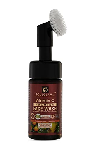 SOULGLAMM Vitamin C Foaming Face Wash with White Mulberry & Lemon Extract | Brightening & Whitening Facial Cleanser with Built-in Brush | Deep Cleansing for All Skin Types | 120ml | Perfect for Morning & Night Skincare Routine