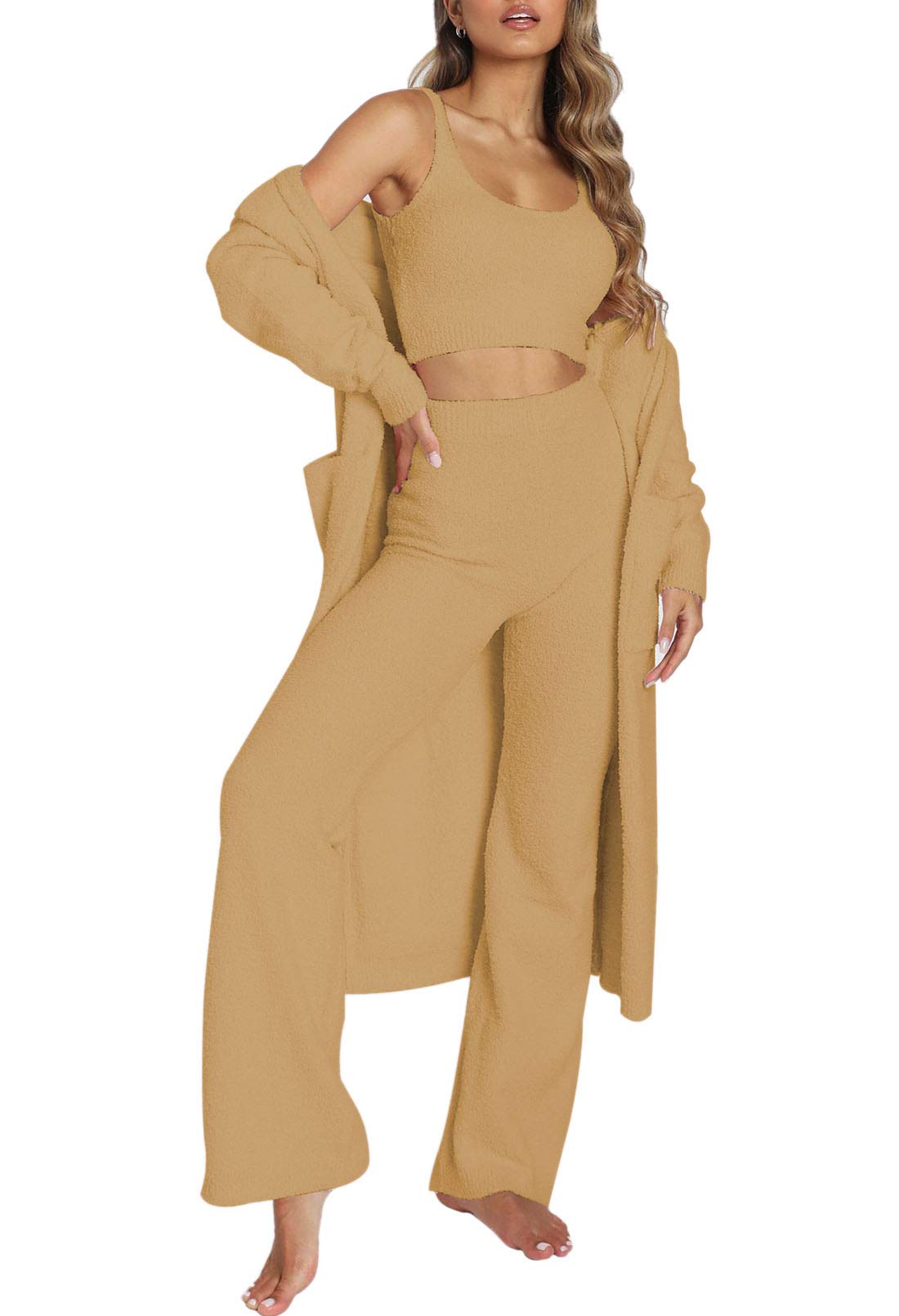 Women's Fuzzy 3-Piece Sweatsuit Set - Open Front Cardigan, Crop Tank Top & Wide Leg Lounge Pants | Soft Comfy Loungewear for Home, Yoga & Casual Outings
