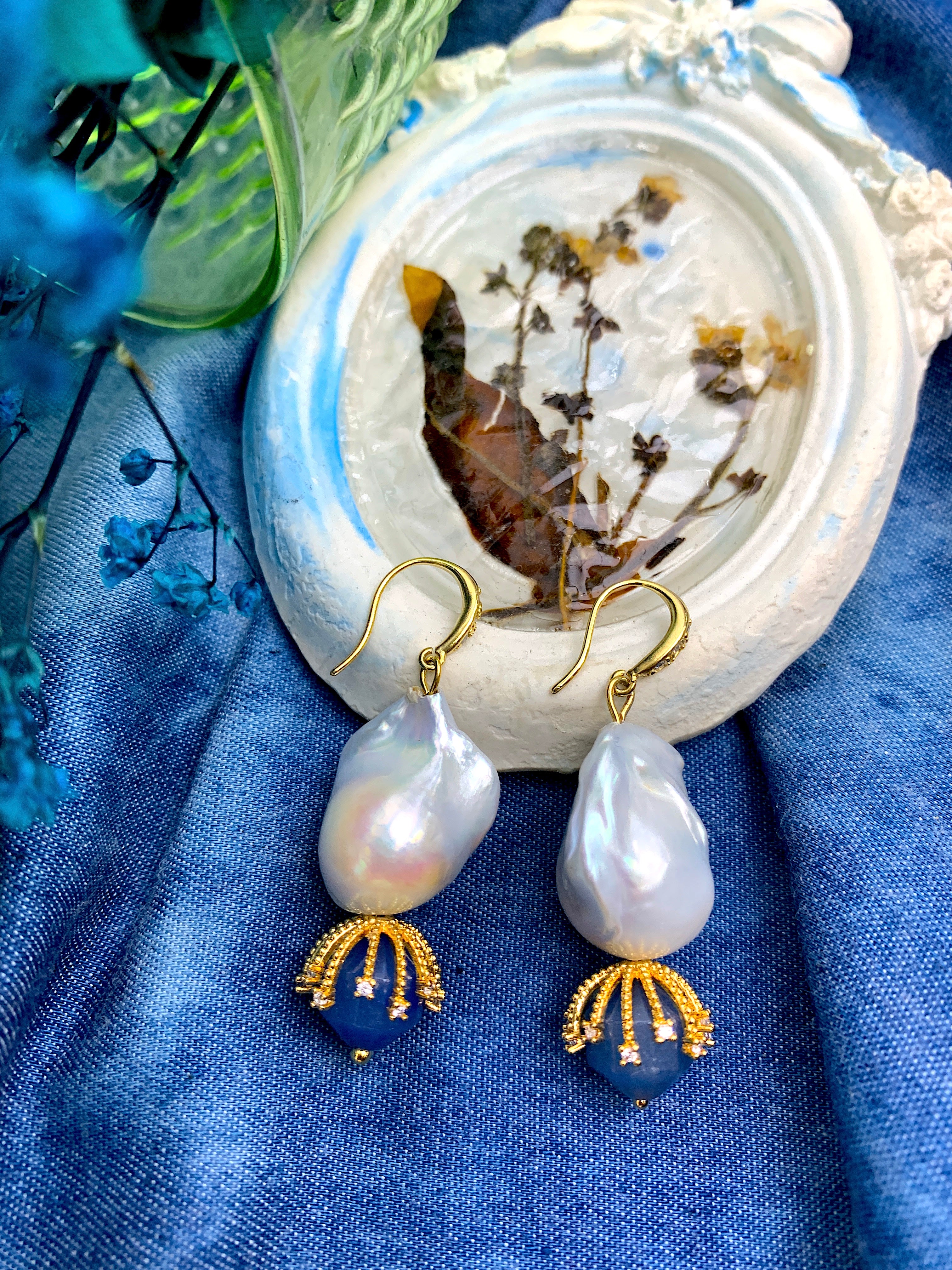 Baroque Pearl & Blue Aventurine Dangle Earrings HE004 | Handmade Boho Jewelry for Women | Perfect for Weddings, Parties & Special Occasions