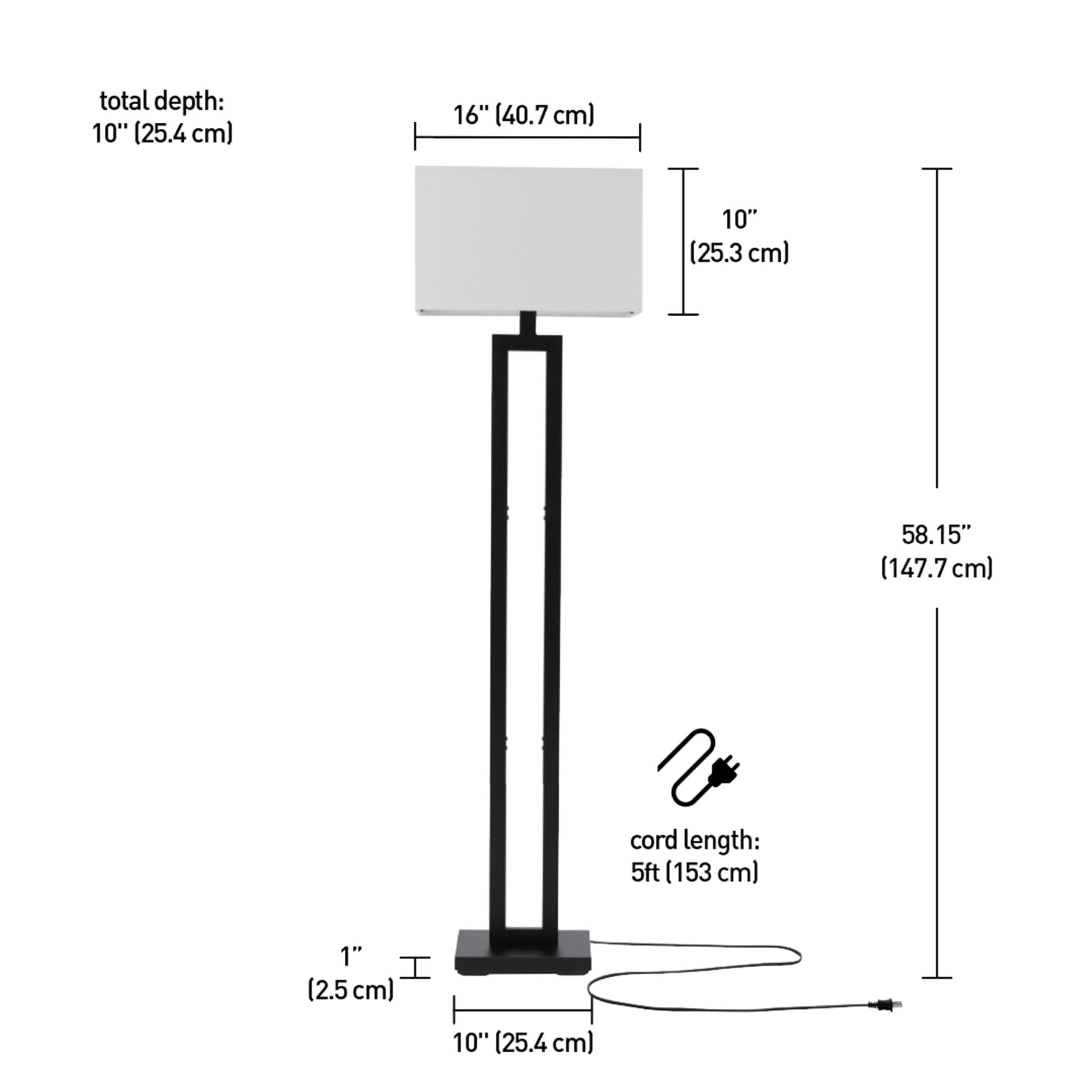 Globe Electric 67046 58-Inch Modern Floor Lamp with Matte Black Finish & White Linen Shade - Rotary On/Off Switch, Tall Standing Corner Light for Living Room, Bedroom, Office & Reading Nook Decor
