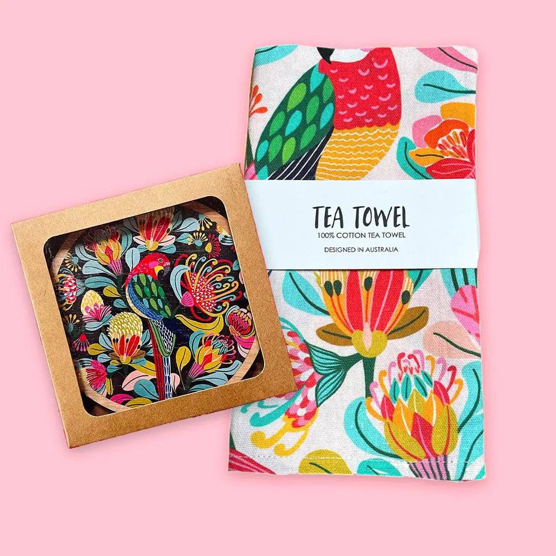Premium Rosella Paradise Tea Towel & Coaster Set - 100% Cotton Kitchen Towels with Absorbent Coasters - Perfect for Tea Parties, Coffee Time & Home Decor