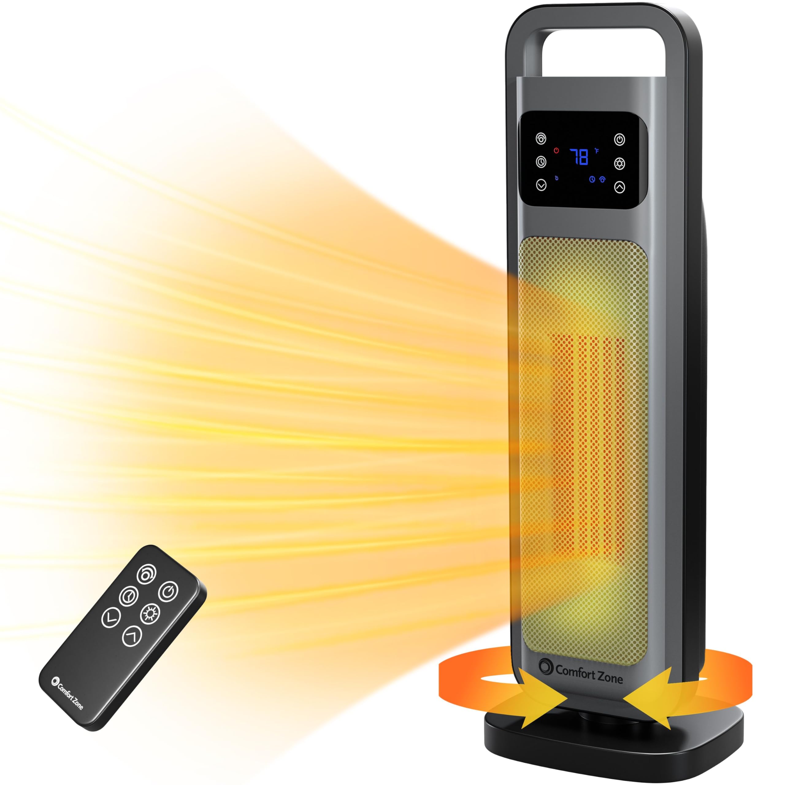 Comfort Zone 1500W Portable Space Heater with Remote Control, Thermostat & 24H Timer - 26 Inch Oscillating Indoor Room Heater for Bedroom, Office, Living Room - Overheat Protection, Energy Efficient, Grey