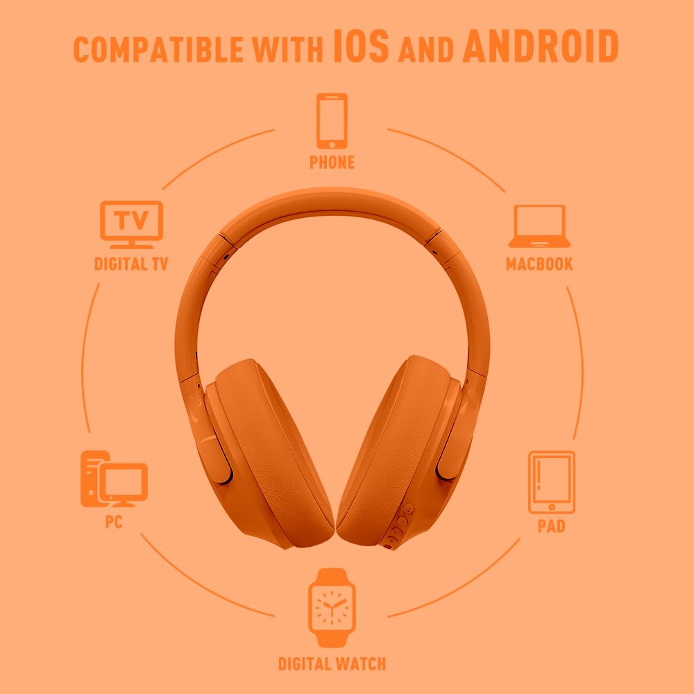 MIDOLA Bluetooth Over Ear Headphones 68H Playtime, 6 EQ Wireless Headset with Mic, HiFi Stereo, Foldable Lightweight Deep Bass - Perfect for Travel, Home Office, Gaming & Cellphone Use (Orange)