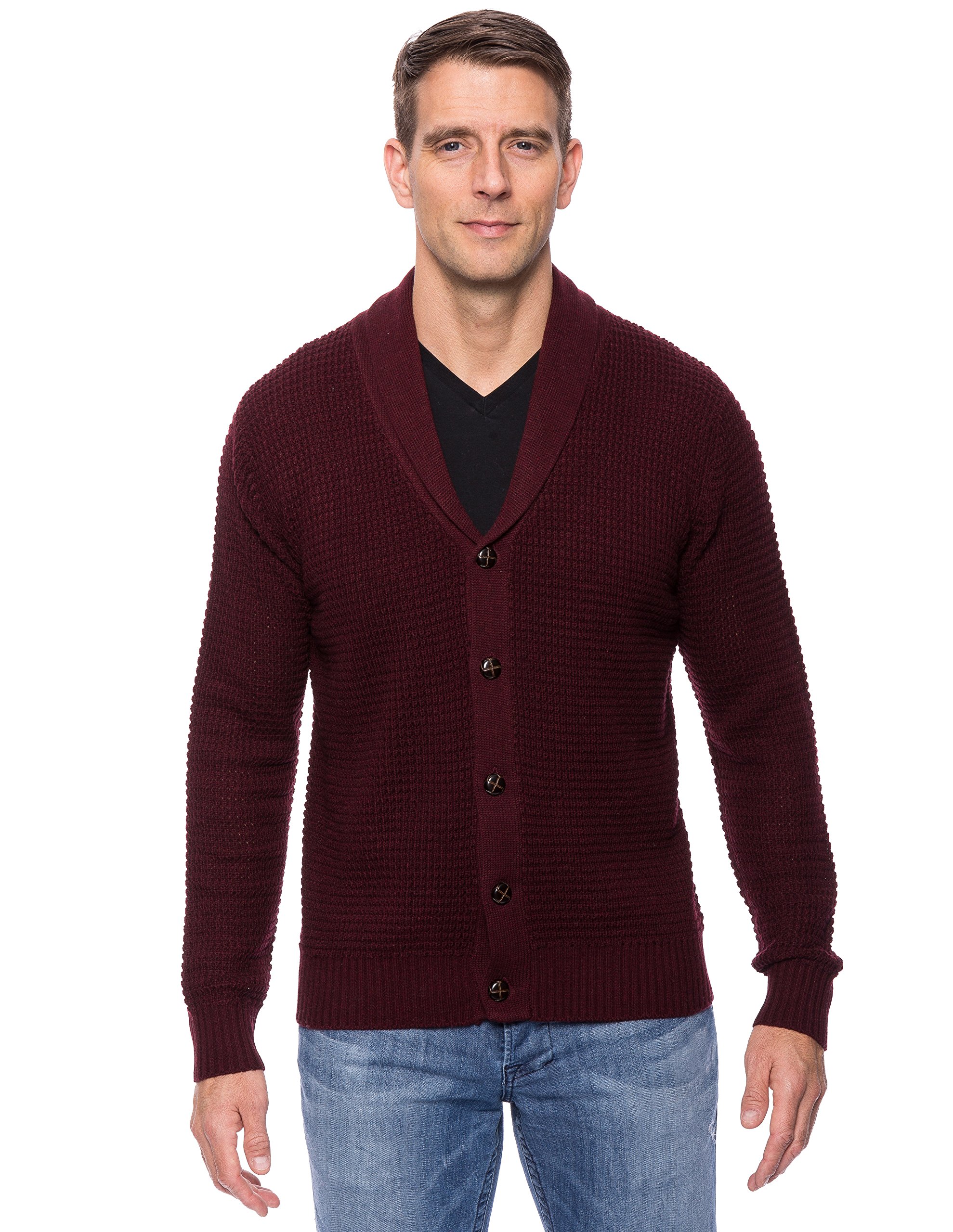 Tocco Reale Men's Wool Blend Shawl Collar Cardigan - Waffle Knit Sweater for Winter | Cozy Gift Pack for Him | Perfect for Office, Date Night & Holiday Outfits