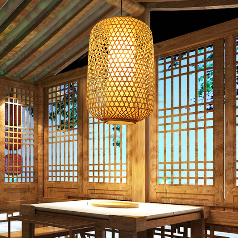 Handmade Wicker Pendant Light - Modern Natural Wooden Hanging Lamp with Bamboo Woven Shade, E27 Socket for Kitchen Island, Dining Room & Living Room Decor | Boho Chic Ceiling Lighting for Home & Cafe