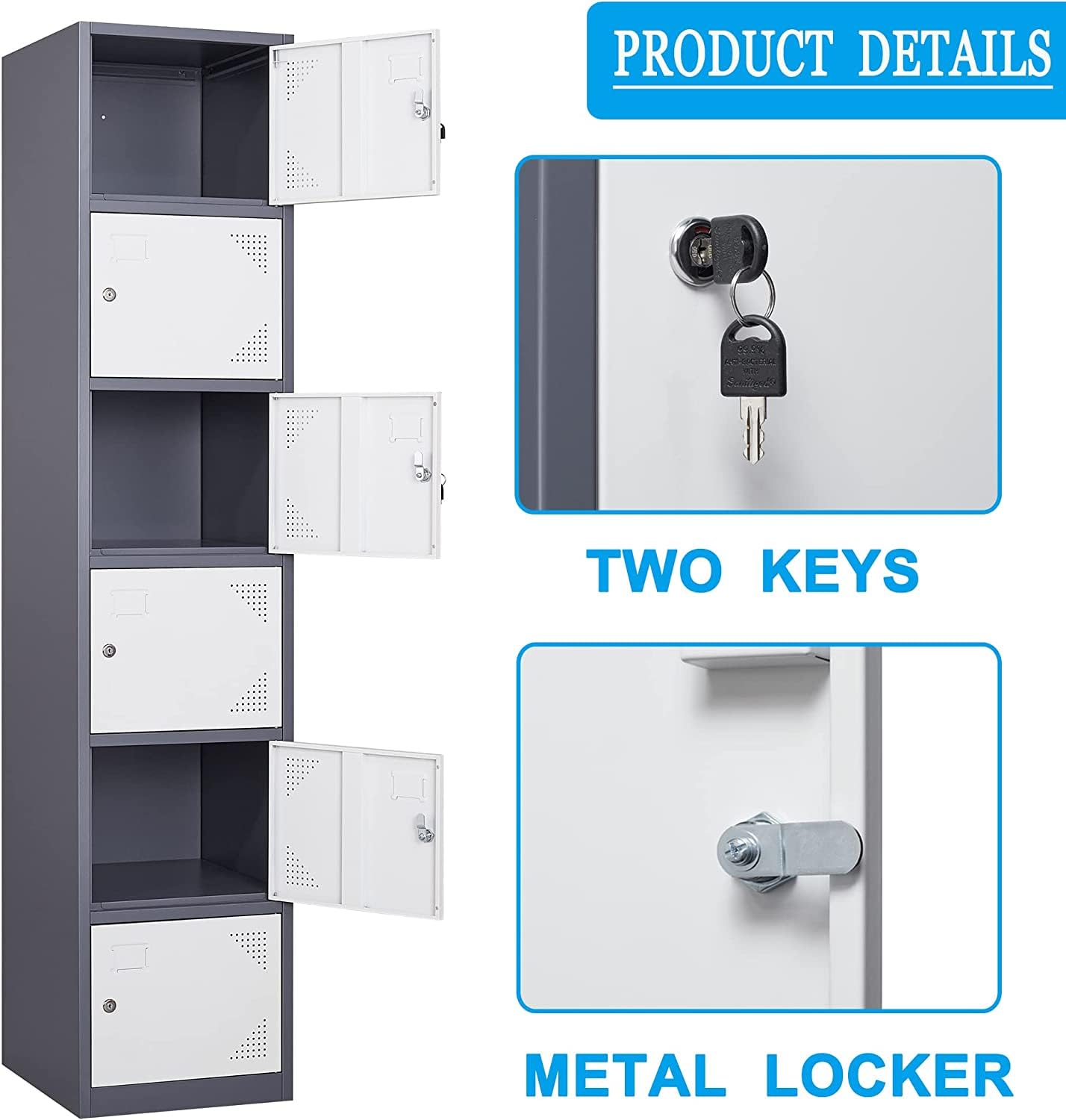 Lockable Metal Storage Lockers with Keys - 6 Door Steel Cabinet for Office, Gym, School & Home (Grey-White) - Secure Employee & Personal Belongings Storage Solution