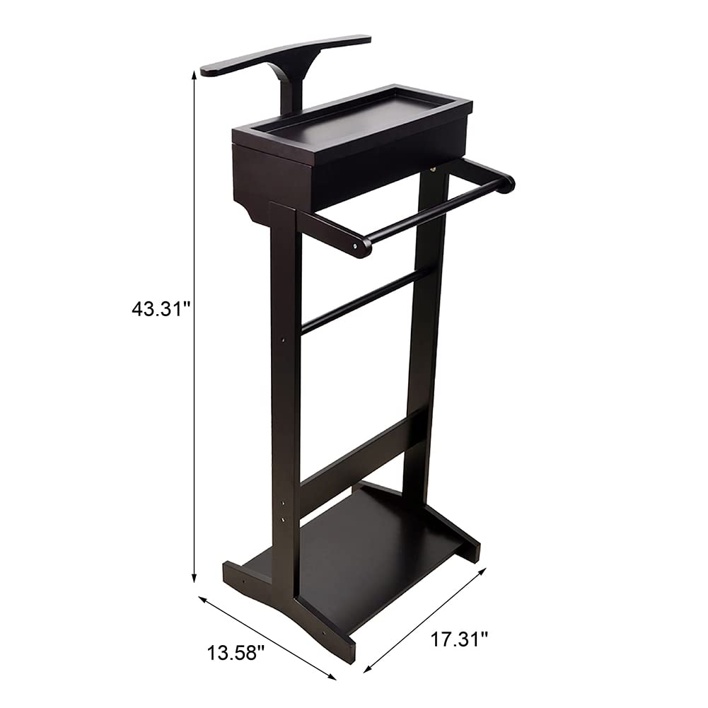 Black Wood Suit Valet Stand for Men - Father's Day Gift with Top Tray & Shoe Rack - 17