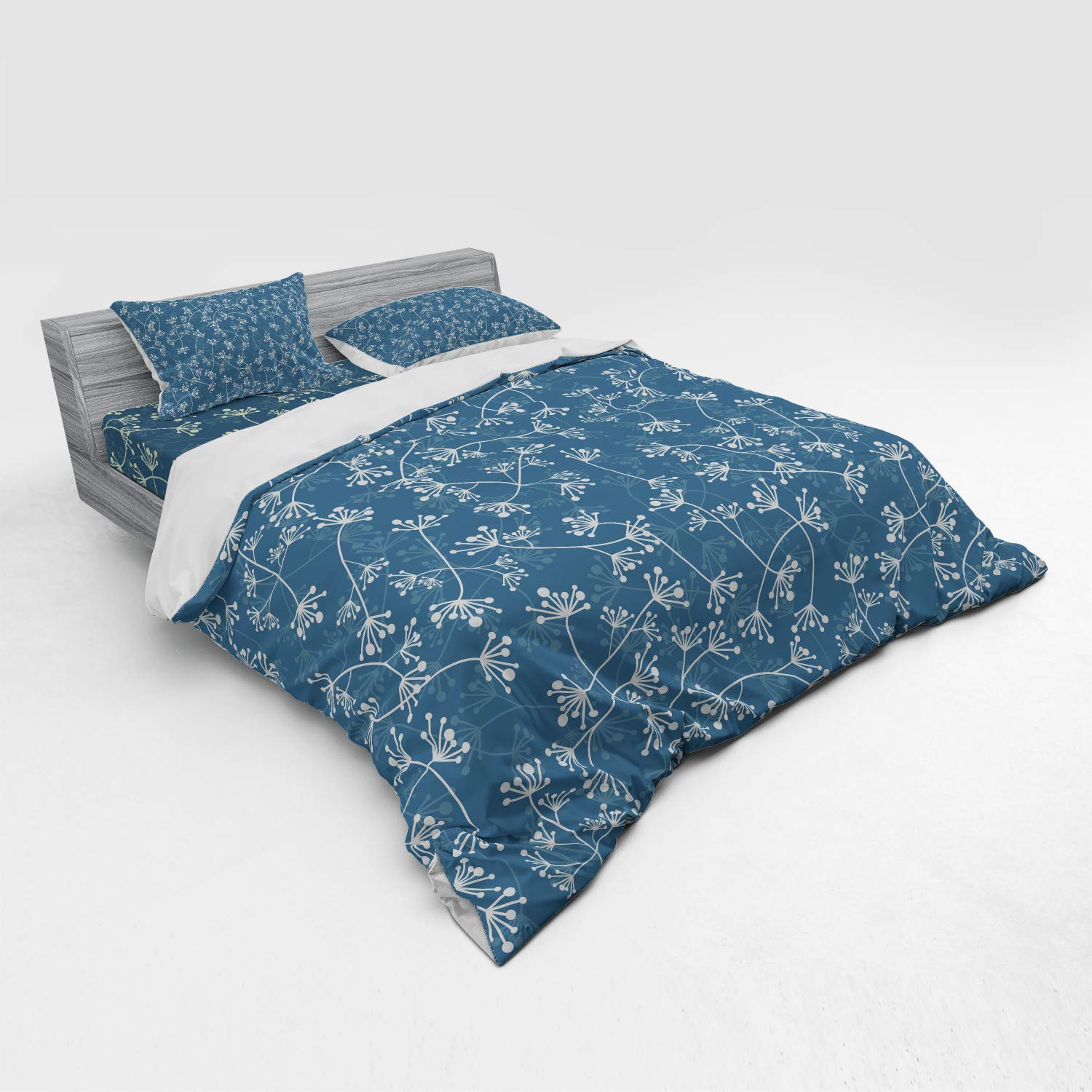 Ambesonne Floral Duvet Cover Set King Size - 4 Piece Nature Inspired Twiggy Plants Petals Spring Design Bedding Set with Shams & Fitted Sheet in Pale Green Slate Blue - Perfect for Master Bedroom, Guest Room & Spring Home Decor