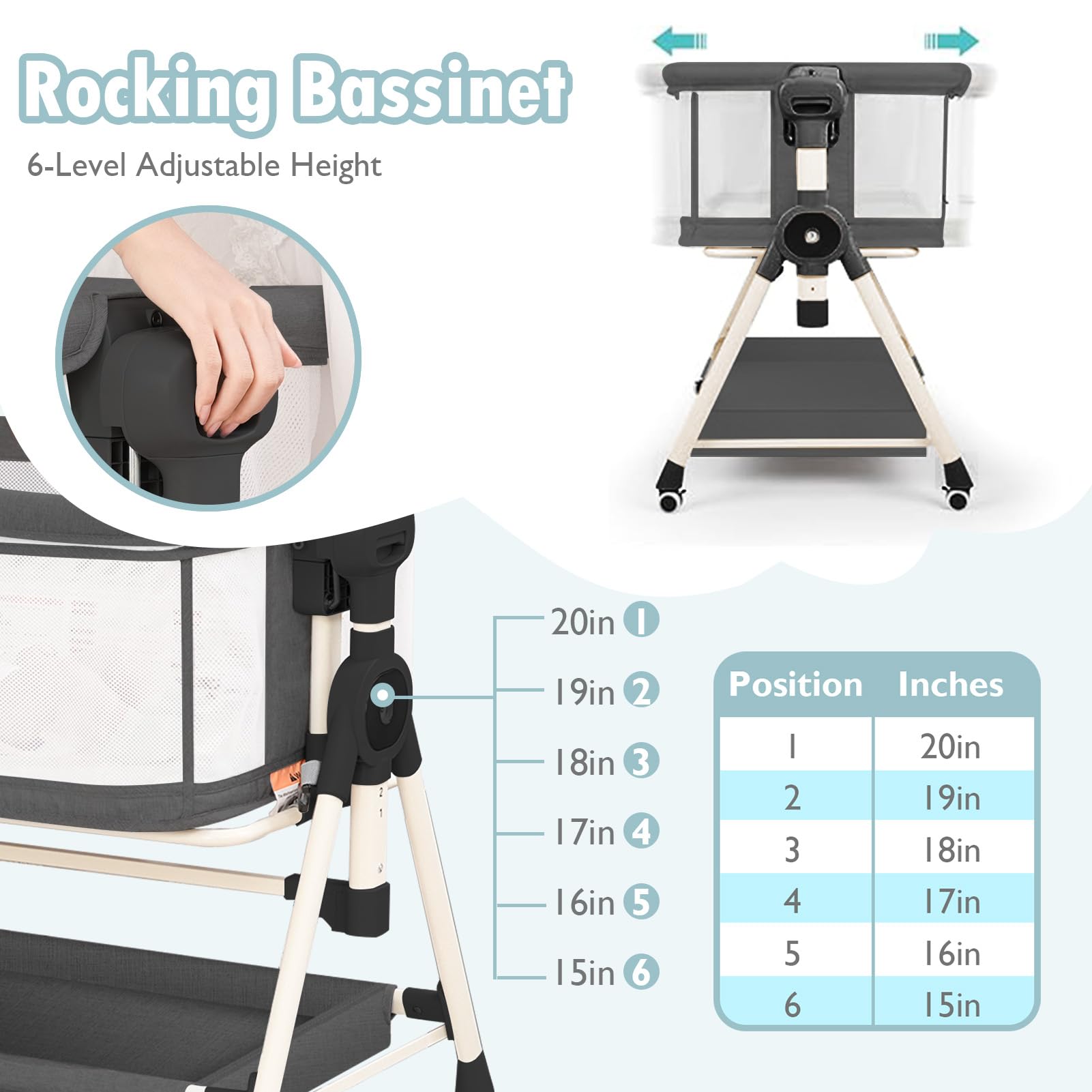 **3-in-1 Adjustable Baby Bassinet with Musical Toys, Storage Basket & Wheels – Portable Rocking Crib for Newborns – Bedside Sleeper for Nursery & Travel (Black)**    *(Perfect for Co-Sleeping, Nighttime Feeding & On-the-Go Parents)*