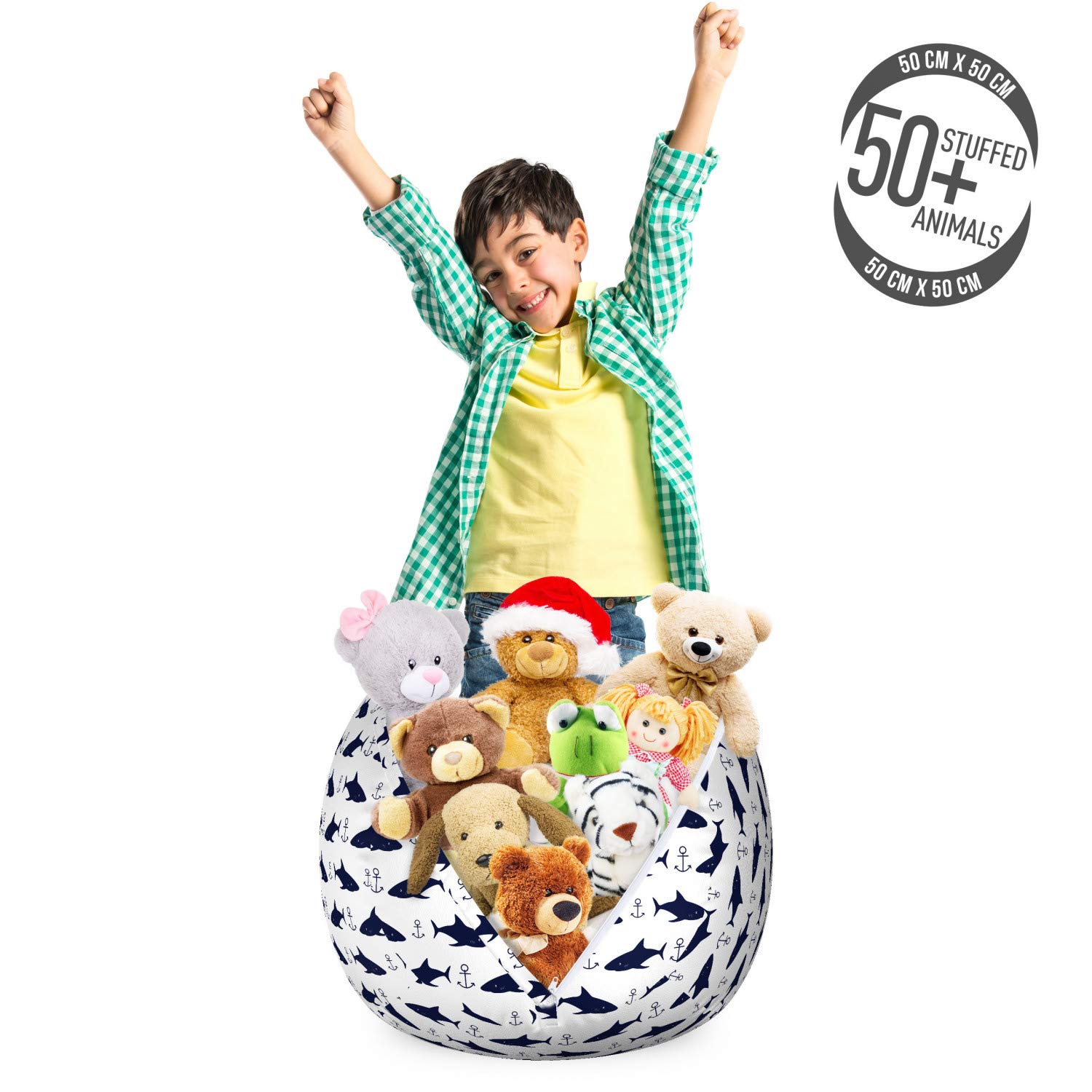 Ambesonne Anchor Storage Toy Bag Chair - Modern Aquatic Pattern with Sharks & Anchors, Washable Stuffed Animal Organizer (Small Size, Indigo/White) - Perfect for Kids' Room, Nursery, Playroom & Beach Toy Storage