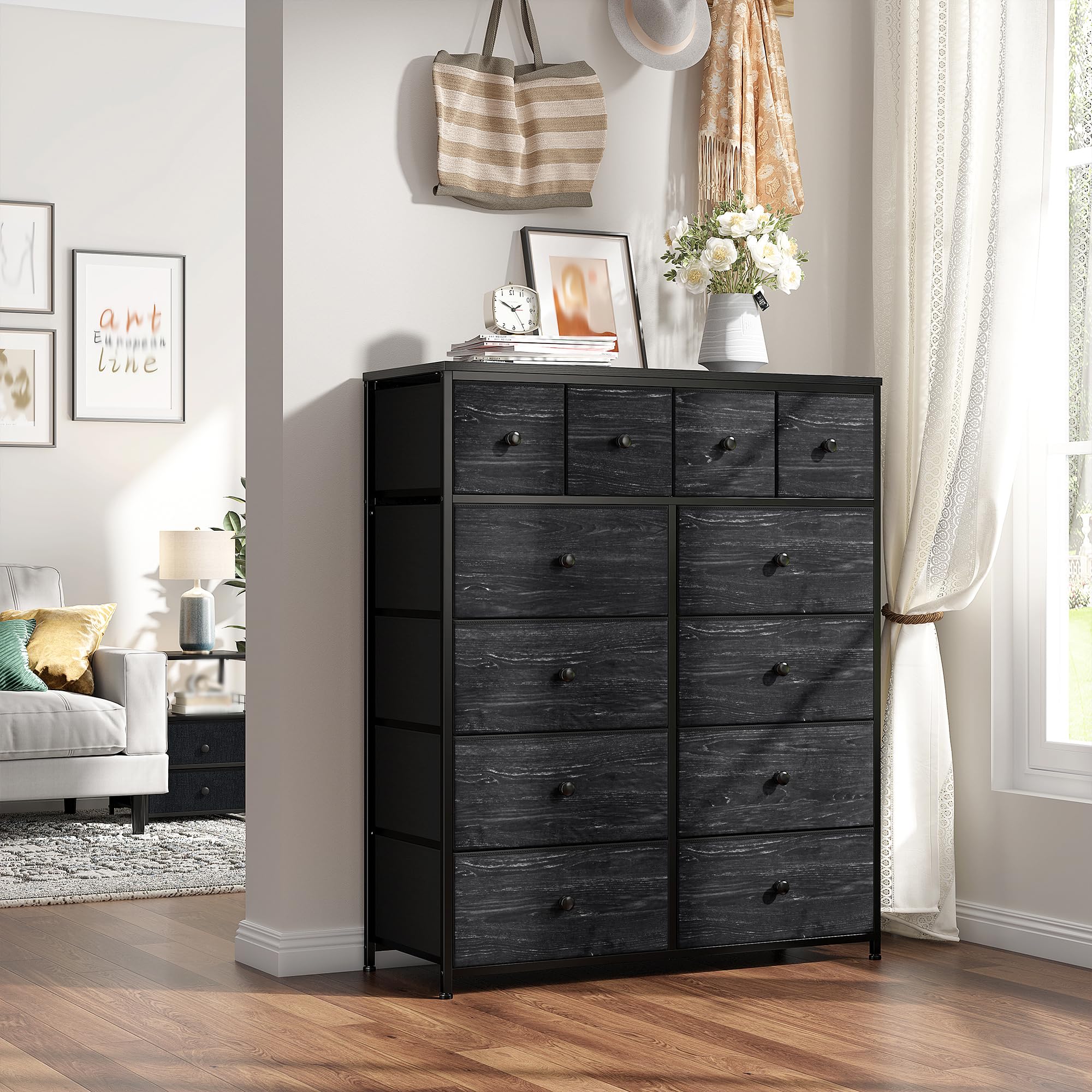 Modern Black 12-Drawer Dresser for Bedroom - Wooden Top & Sturdy Metal Frame - Tall Chest of Drawers for Closet Organization - 40.6