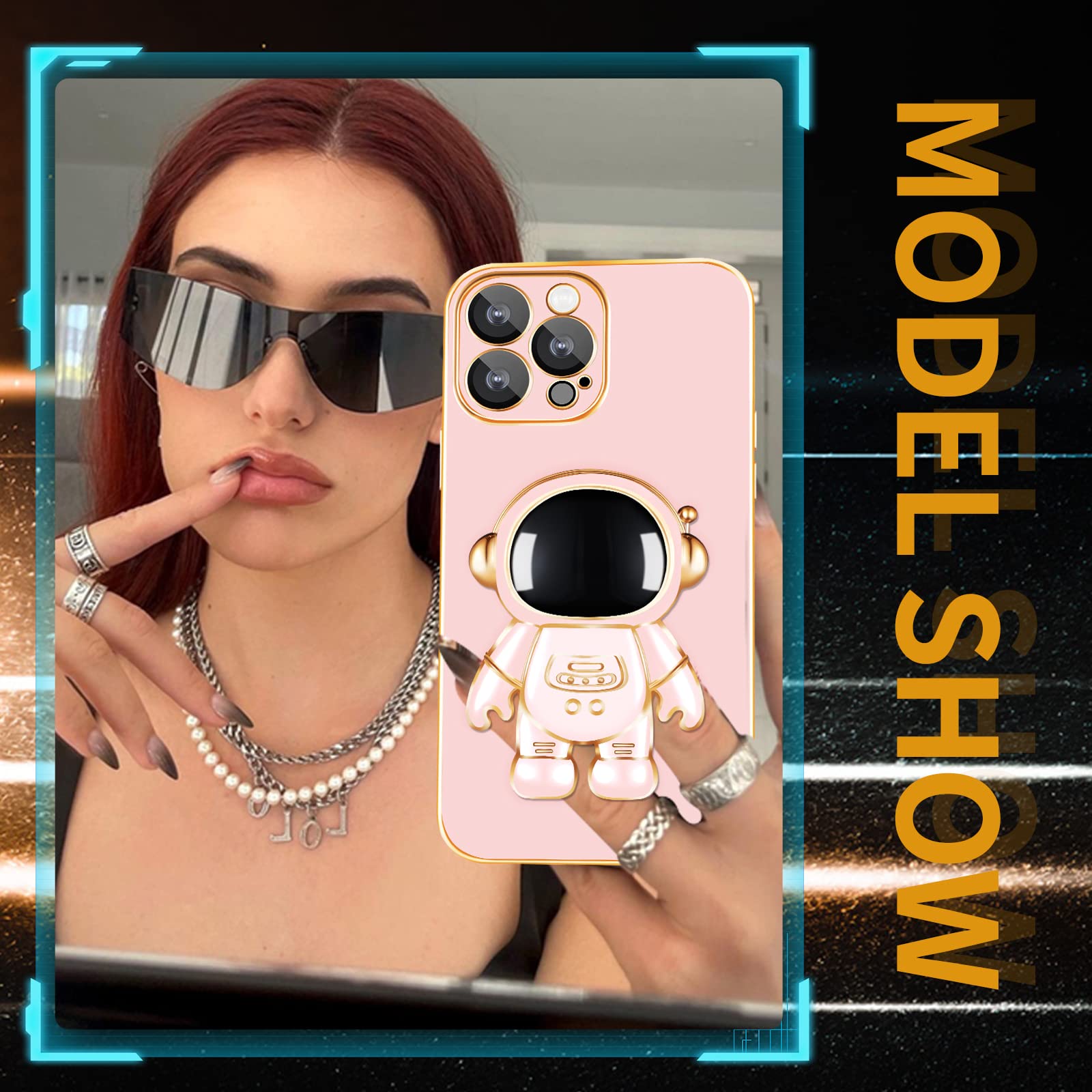 Loheckle Cute 6D Plating Astronaut Phone Case for iPhone 13 Pro Max (6.7 Inch) with Hidden Stand & Camera Protector - Durable Protective Cover for Everyday Use, Travel & Work