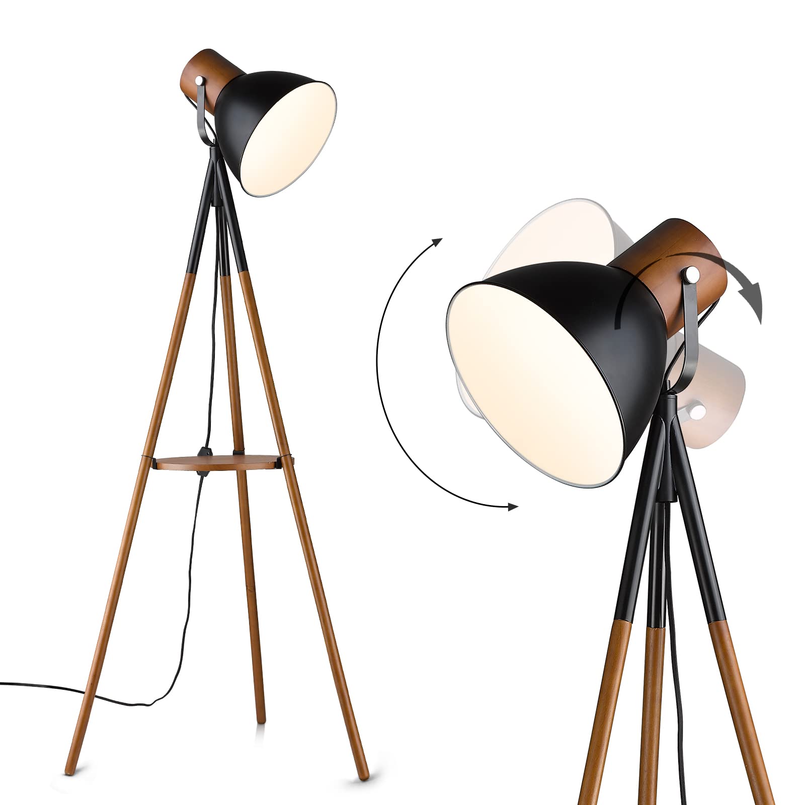 Dimmable Tripod Floor Lamp with Side Table - Adjustable Wood Standing Lamp with Metal Shade - Modern End Table with Reading Light for Living Room, Bedroom & Office - LED Bulb Included in Black & Brown - Perfect for Cozy Reading Nooks & Home Office Lighting