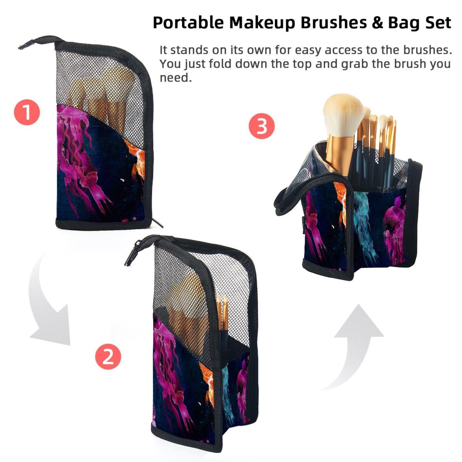12-Piece Makeup Brush Organizer Bag with Ocean Watercolor Jellyfish Design - Portable Travel Cosmetic Brush Holder Case for Professional Artists & Beginners - Perfect for Home, Travel, and Salon Use