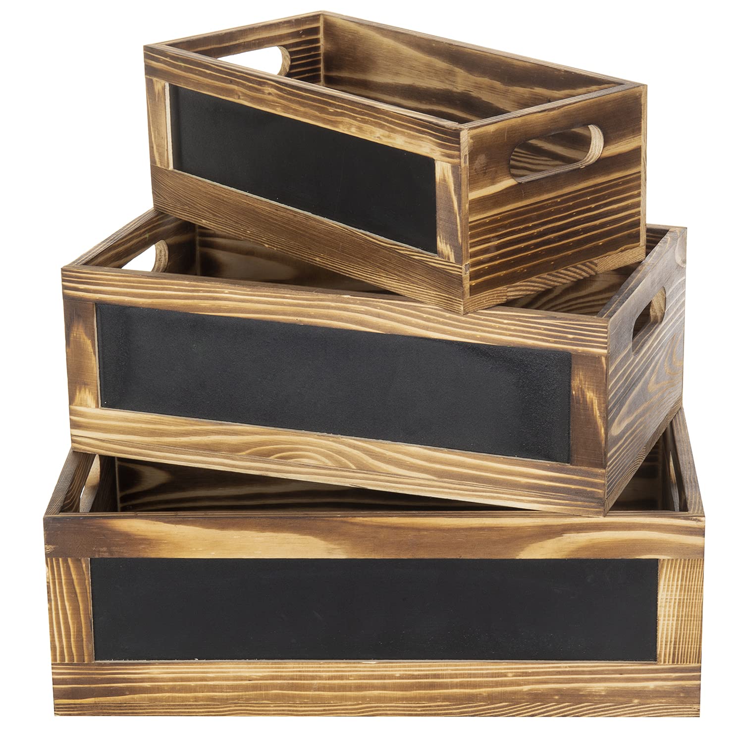 Rustic Burnt Wood Nesting Storage Bins with Chalkboard Panel & Cutout Handles - Farmhouse Decorative Stackable Wooden Open Top Boxes, 3-Piece Set - Perfect for Home Organization, Pantry Storage & Farmhouse Decor