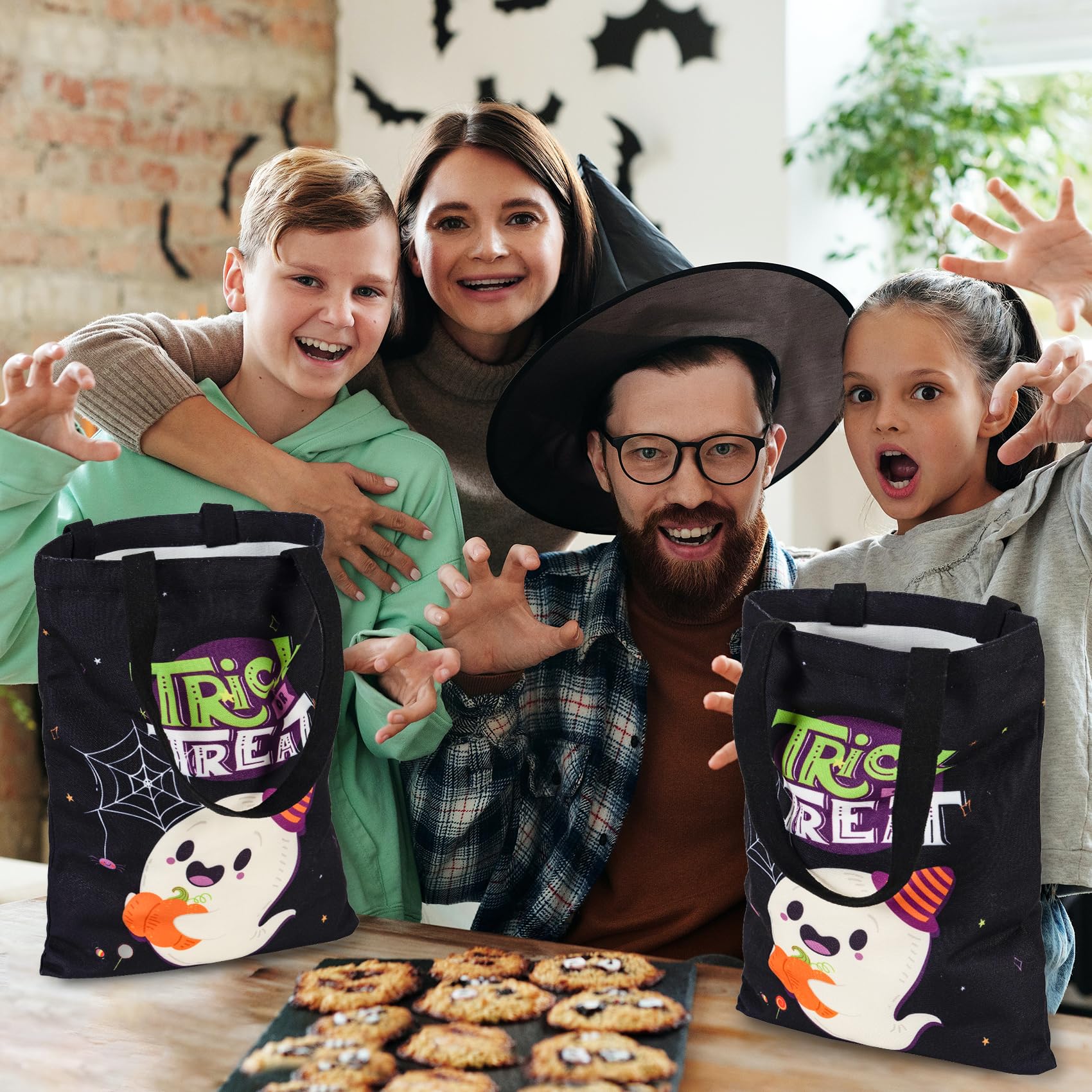 ATFUNSHOP Halloween Trick or Treat Bags - 15.7 Inch Large Reusable Ghost Canvas Tote Bucket for Kids - Perfect for Candy Collection, Halloween Parties & Festive Decorations