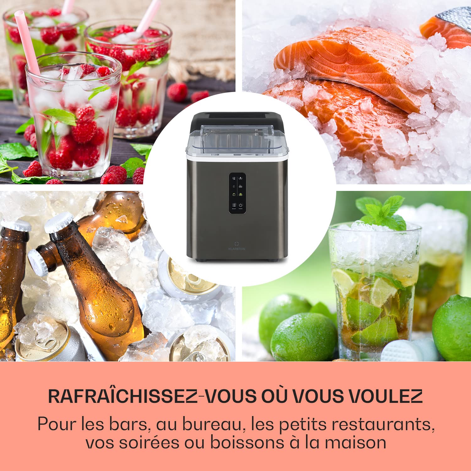 Klarstein Ice Maker Machine for Home, 1.5L Capacity, Makes Up to 12kg of Ice Fast, Produces Small & Large Ball-Shaped Ice Cubes, Self-Cleaning - Perfect for Parties, Cocktails & Everyday Use