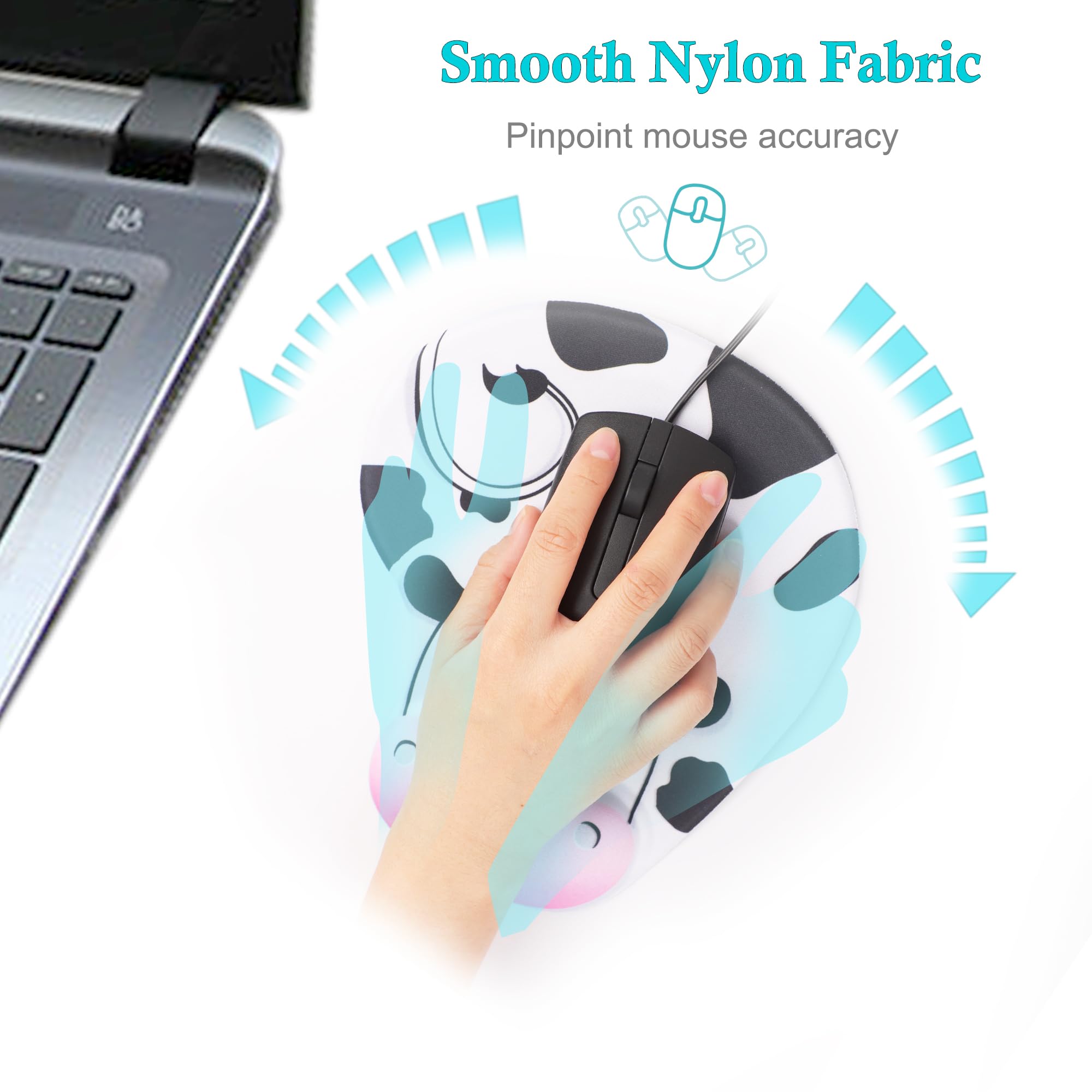 Ergonomic Mouse Pad with Wrist Support - Cute Cow Print Design, Non-Slip Rubber Base, Comfortable for Office & Home Use (9.1 x 7.5 Inches, Black & White) - Perfect for Long Computer Work Sessions, Gaming, and Typing Comfort
