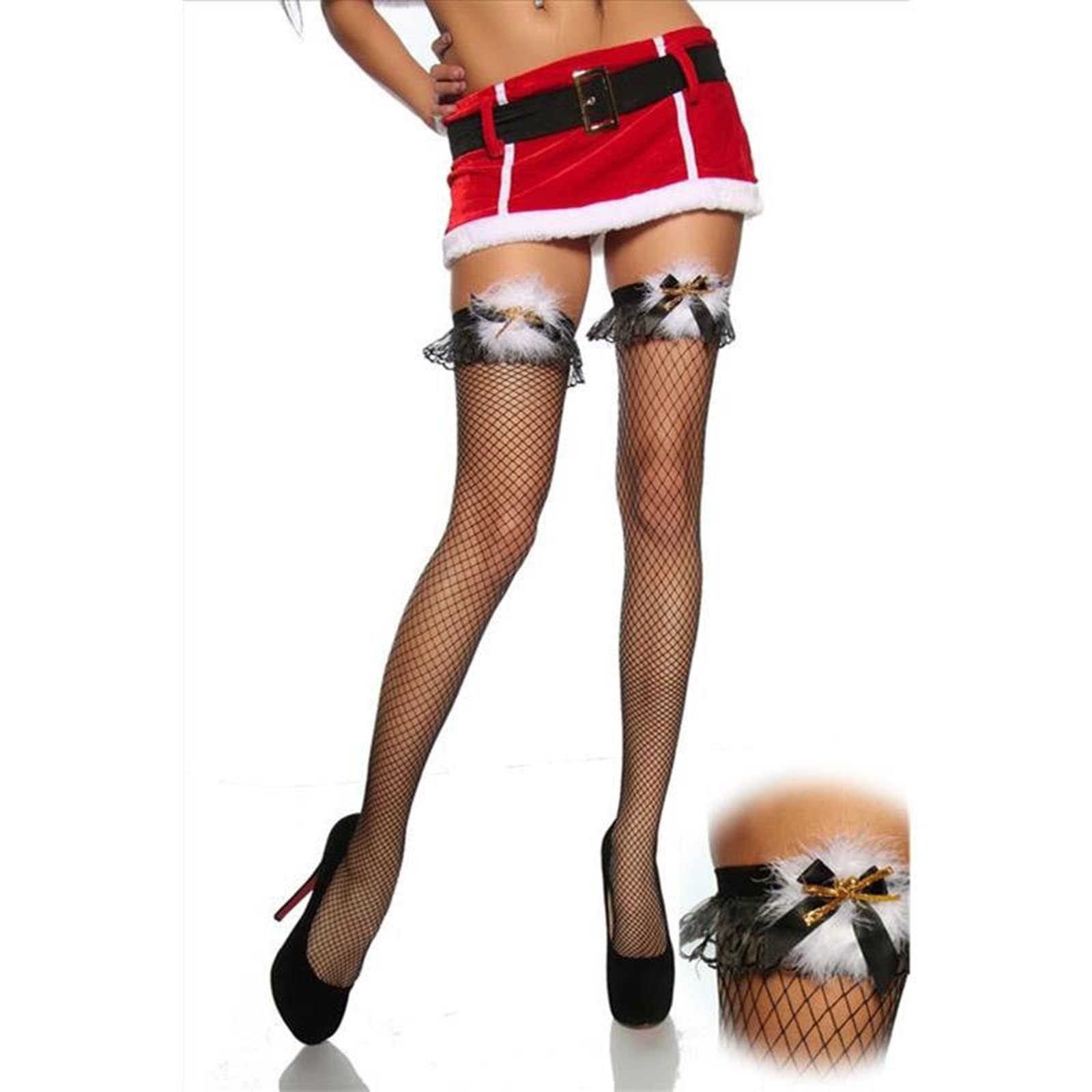 Olbye Women's Fishnet Thigh High Stockings - Stay Up Lace Top Tights, Mesh Bells Sexy Socks for Christmas, Party, Cosplay & Night Out