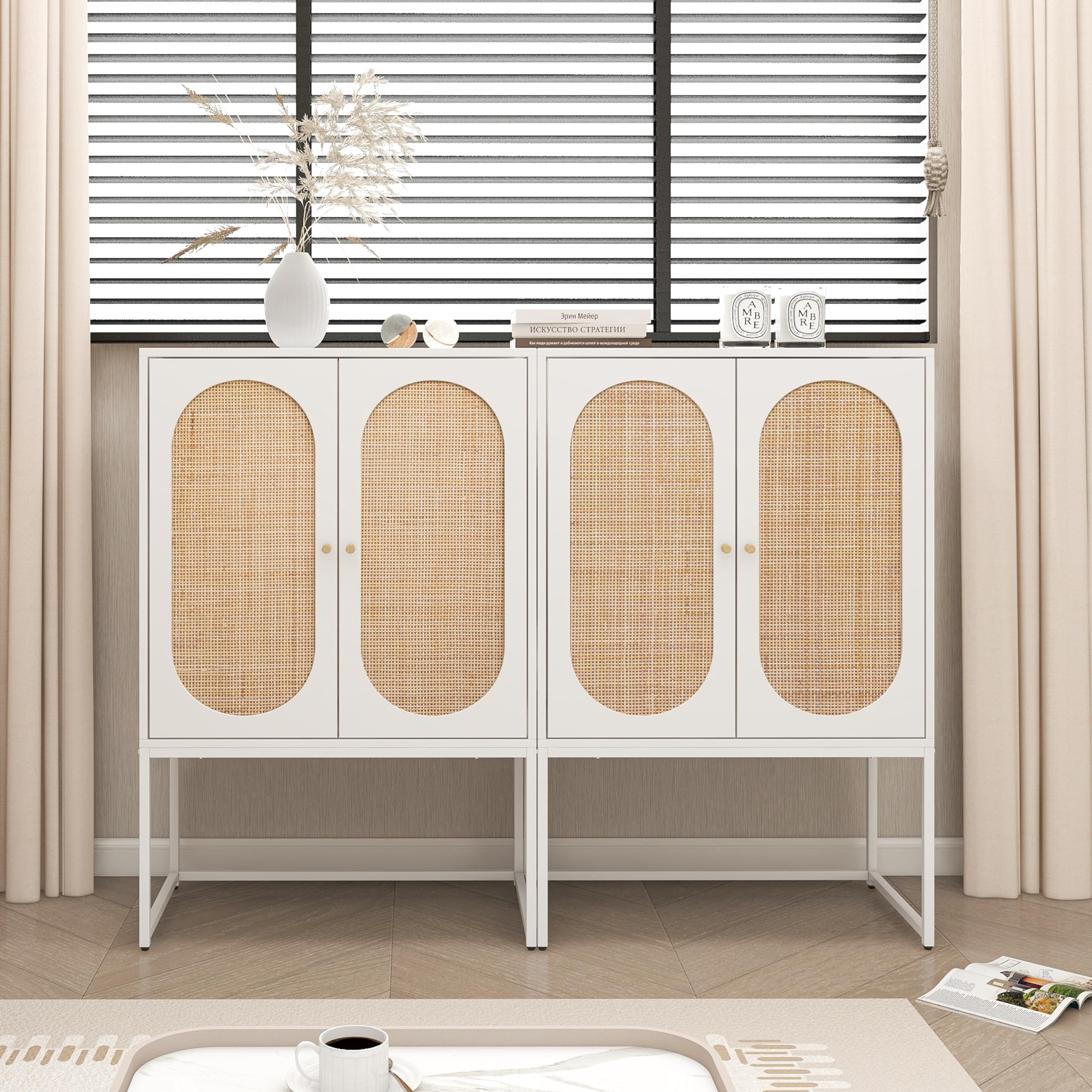 Natural Rattan 2-Door High Cabinet with Adjustable Shelves - White Wooden Sideboard Buffet Cupboard for Living Room & Dining Room - Free Standing Accent Cabinet Set of 2 - Perfect for Home Storage & Displaying Decor