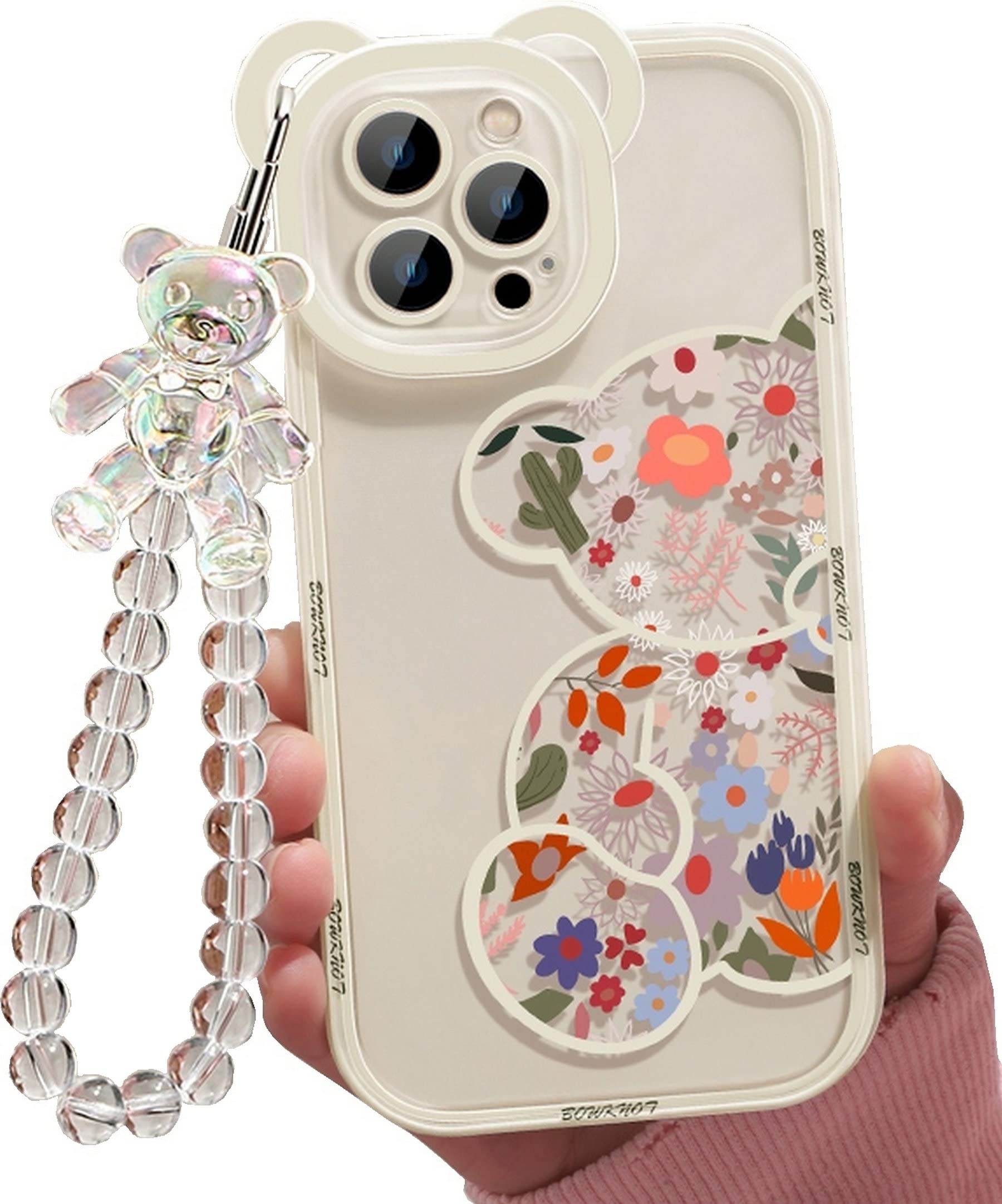 Shinymore Cute Floral Bear Clear Case for iPhone 13 Pro Max with Camera Protector & Adjustable Strap - Trendy Protective Phone Cover for Women & Girls - Perfect for Daily Use, Travel, and Gift Giving