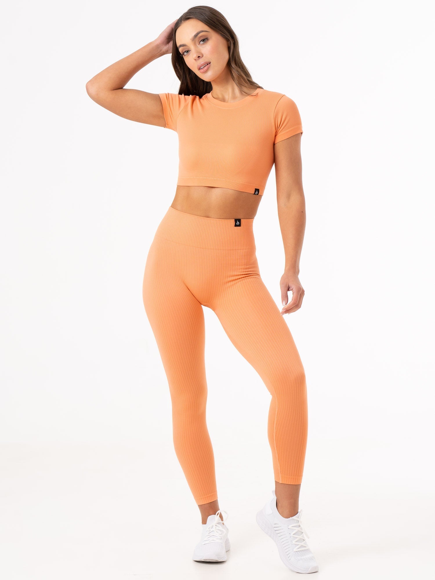 Rib Scrunch Seamless Leggings for Women - High Waisted Yoga Pants with Tummy Control - Mango Color - Perfect for Workouts, Yoga & Casual Wear