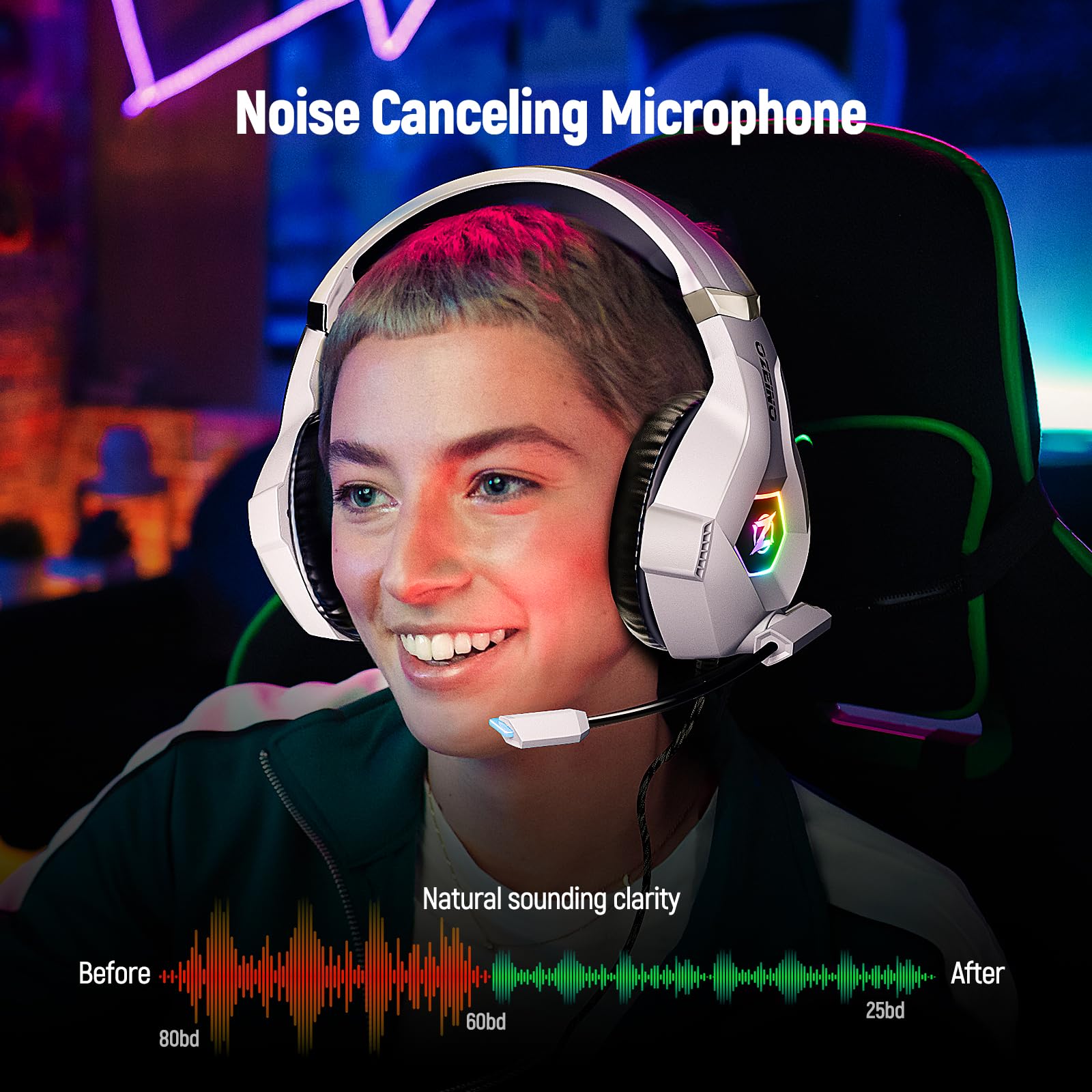Ozeino Gaming Headset for PC, PS4, PS5, Xbox Series X/S - Stereo Headphones with Noise Cancelling Mic, Memory Foam Earmuffs & LED Lights | Compatible with Switch, Laptop, Mac & Phone | Perfect for Online Gaming, Streaming & Virtual Meetings