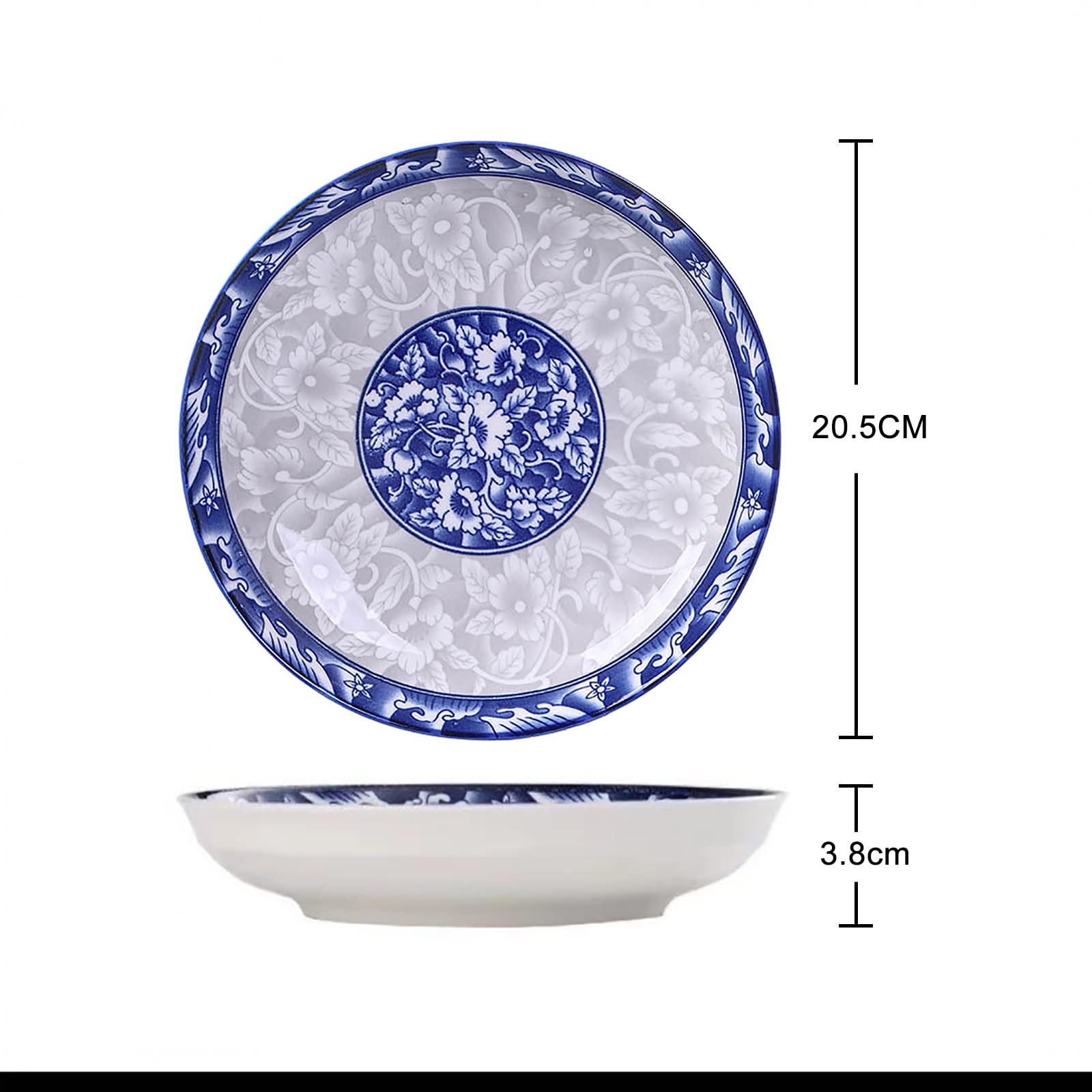 8-inch Porcelain Dinner Plates Set of 6 - Blue and White Ceramic Dishes for Dessert, Salad, Pasta, Bread, Appetizer & Snack | Elegant Round Dinnerware for Restaurants, Home Dining & Party Serving