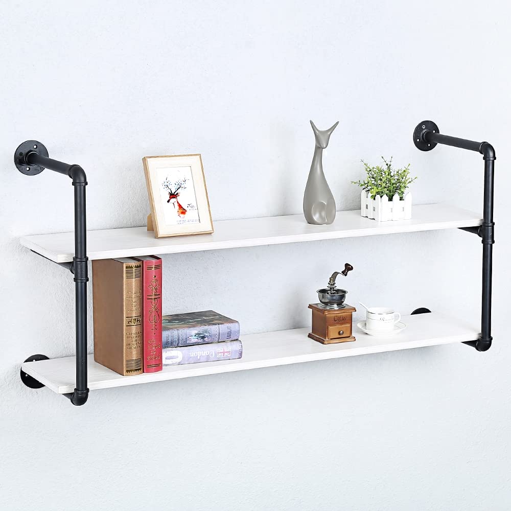 Industrial Pipe Shelving Wall Mounted - 48in Rustic Metal Floating Shelves with Real Wood, Steampunk Style Bookshelf for Farmhouse Kitchen & Bar (2 Tier) - Perfect for Home Office, Living Room & Bedroom Storage
