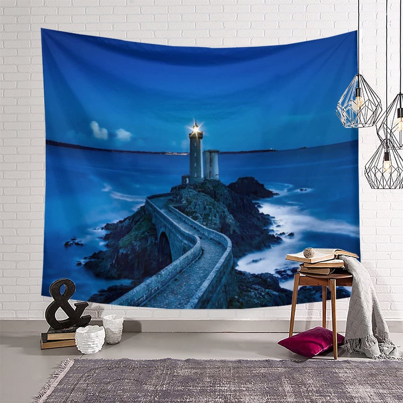 Blue Night Lighthouse Wall Tapestry - 50x60 Inch Boho Home Decor for Bedroom, Living Room & Dorm | Waterproof Wall Hanging Art for Indoor & Outdoor Use (Picnic, Beach, Camping)