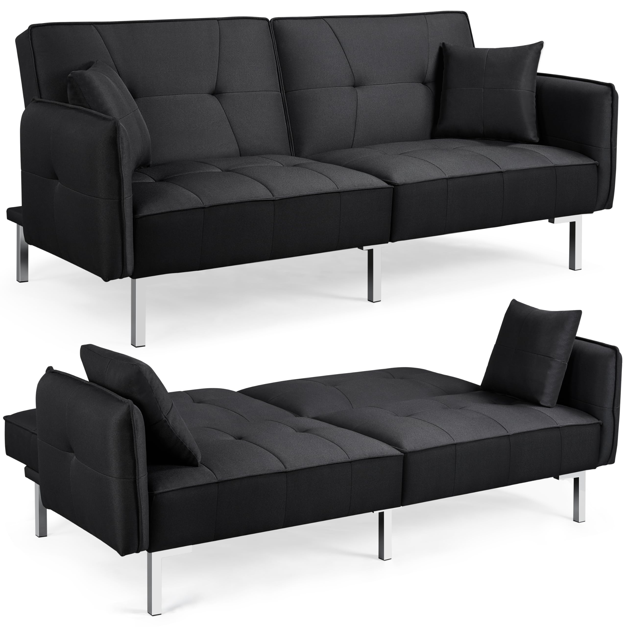 Yaheetech Convertible Futon Sofa Bed with Armrest - Linen Fabric Recliner Couch for Living Room, Guest Room & Small Spaces - Black Modern Sleeper Sofa for Home & Apartments