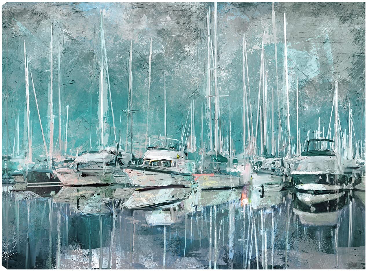 Fine Art Canvas Harbor Masts Wall Decor - Hand Painted Nautical Painting for Living Room, Bedroom, Office - Ready to Hang 32x24 Inches - Perfect for Coastal & Beach House Decor