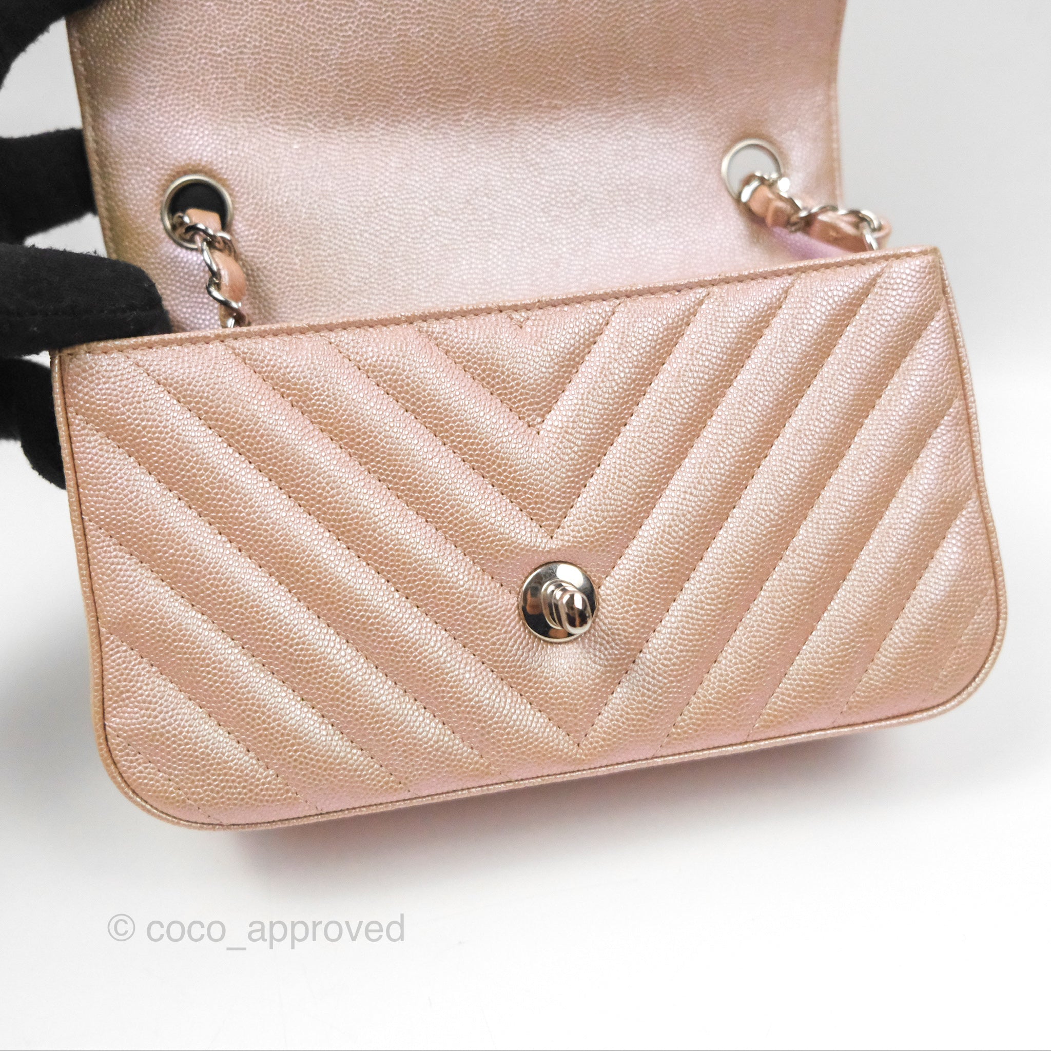 Chanel Chevron Mini Rectangular Flap Bag in Iridescent Rose Gold Caviar Leather with Ruthenium Hardware - Perfect for Evening Events & Luxury Fashion Accessories