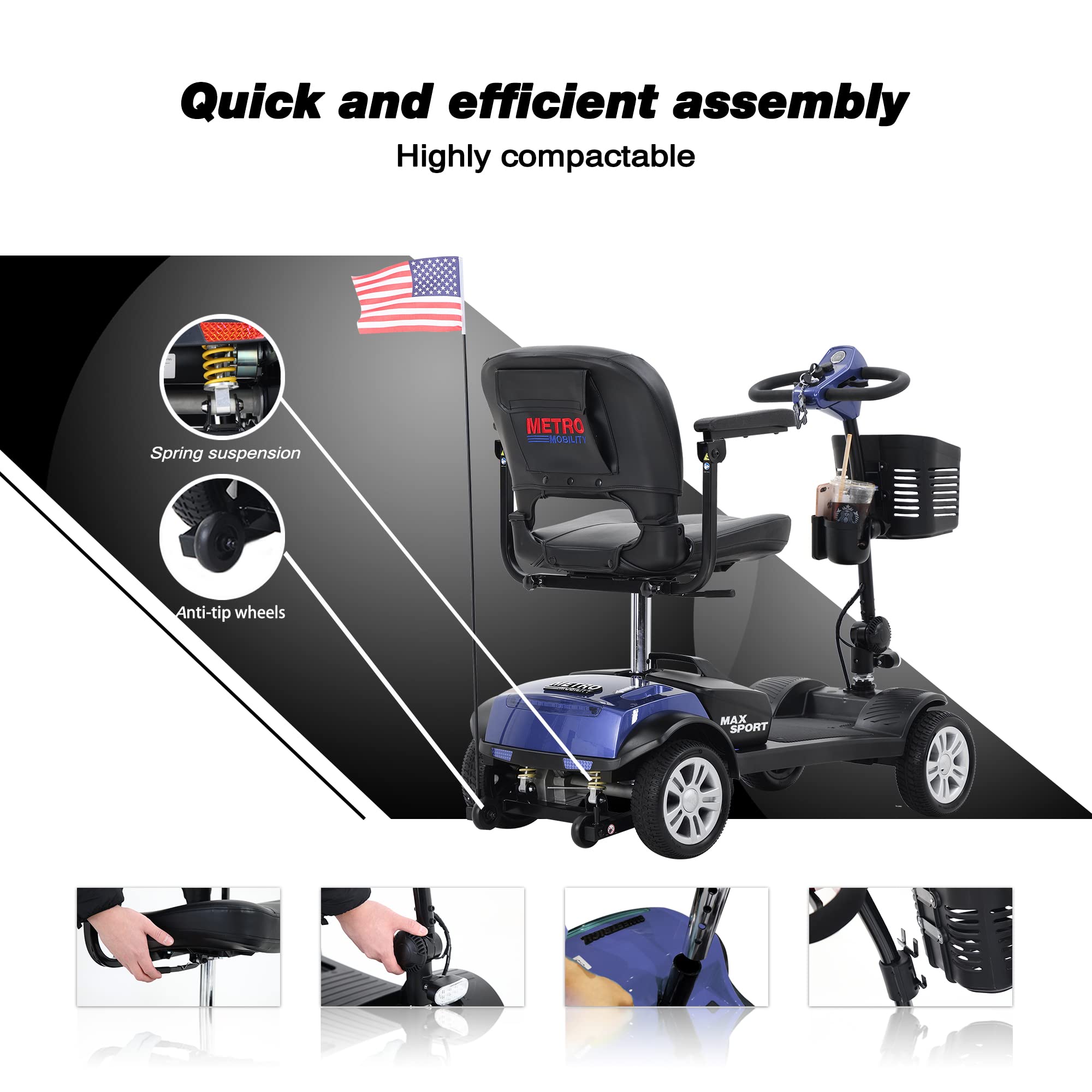 Compact Heavy Duty Folding Mobility Scooter for Seniors & Adults - 300 LBS Weight Capacity Electric Powered Wheelchair - Travel Scooter with Cup & Phone Holder (Blue) - Ideal for Outdoor Use, Shopping Malls, and Airport Travel