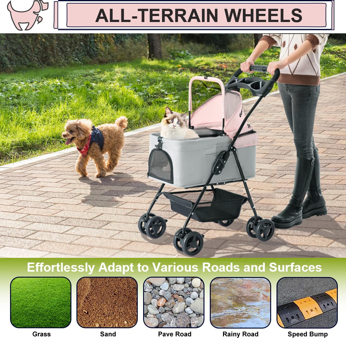 3-in-1 Folding Lightweight Pet Stroller for Small Dogs & Cats - Portable Jogging Stroller with Detachable Carrier, Cup Holder & Storage Basket - Ideal for Walking, Shopping & Outdoor Adventures (4 Wheels)