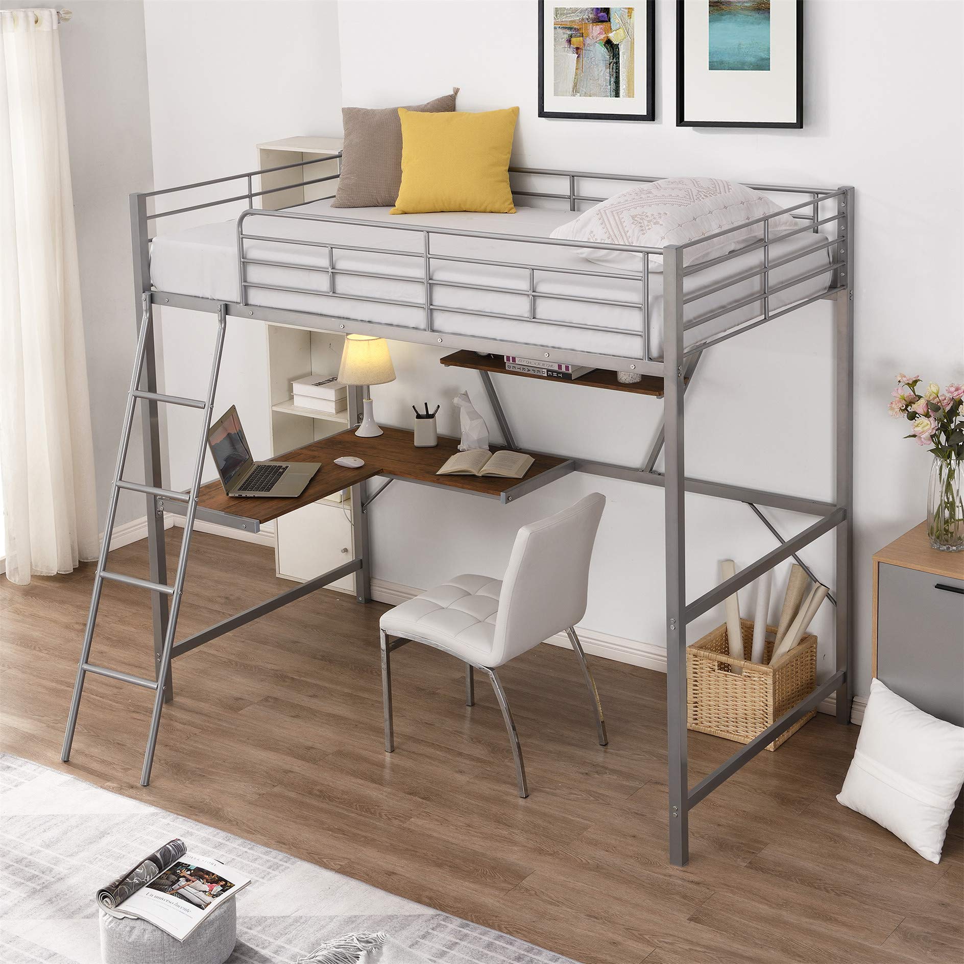 Harper & Bright Designs Twin Metal Loft Bed with Study Desk & Storage Shelves - Sturdy Space-Saving Bunk Bed Frame with Safety Guardrails & Ladder for Kids, Teens & Adults (Silver) - Perfect for Small Bedrooms, Dorms & Studio Apartments