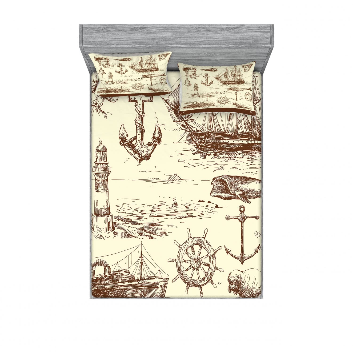 Ambesonne Retro 2-Piece Queen Fitted Sheet Set with 4 Pillow Shams - Ocean Wave Print Brown Cream Bedding - Soft Wrinkle-Resistant Sheets for Guest Rooms, Beach Houses & Coastal Themed Decor