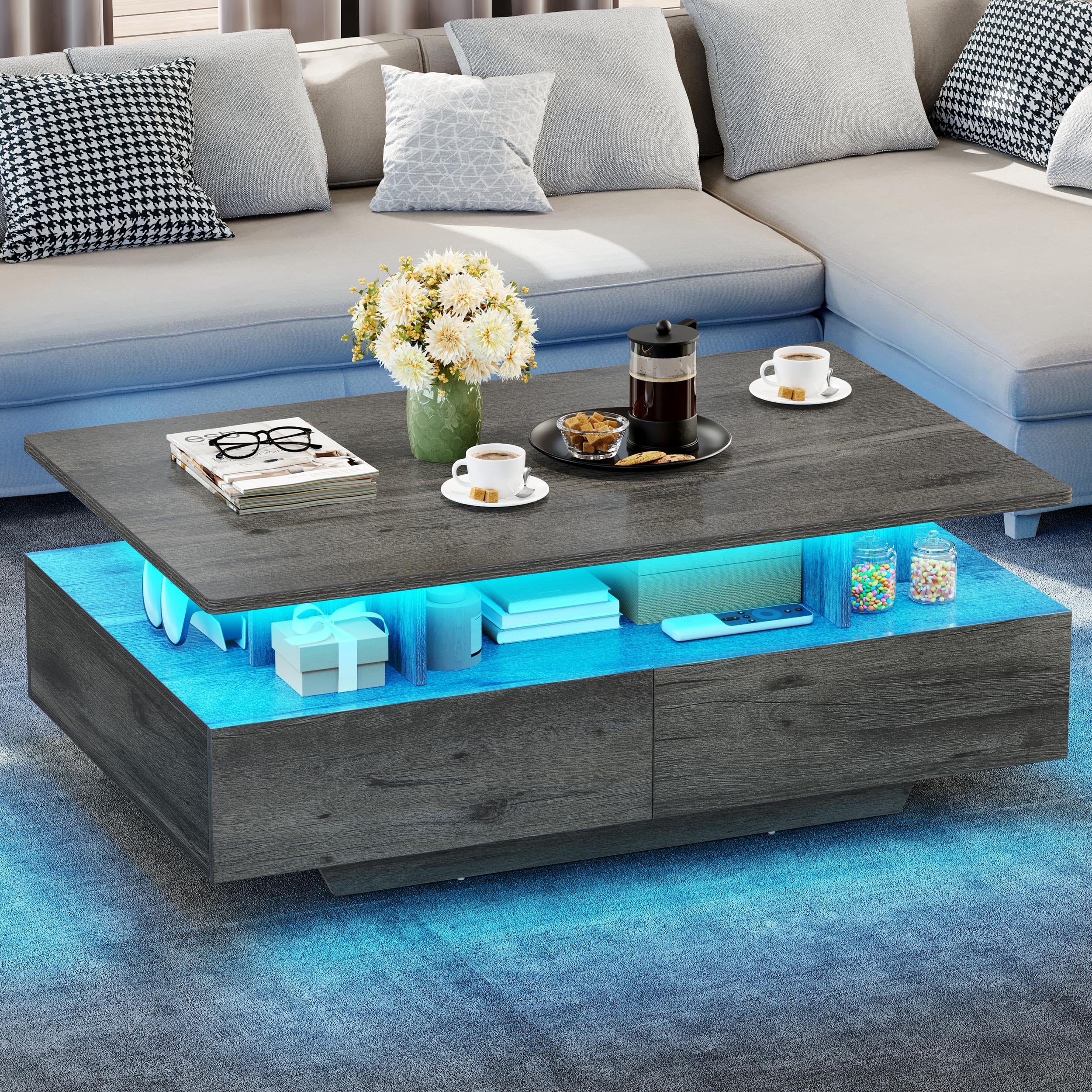 YITAHOME Lift Top Coffee Table with Storage - Modern Rectangular Living Room Coffee Table with 4 Spacious Drawers & LED Lights in Grey | Perfect for Small Spaces, Home Office, and Apartment Living