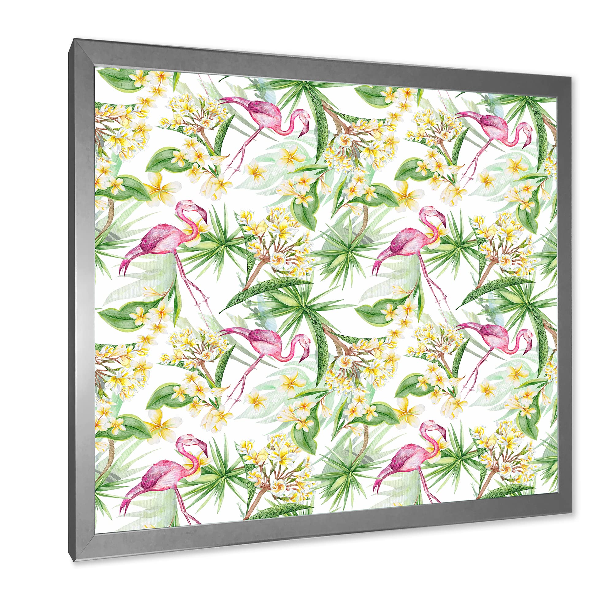 DesignQ Tropical Foliage & Yellow Flowers with Flamingo IV Modern Framed Wall Art - Perfect for Living Room, Bedroom & Office Decor