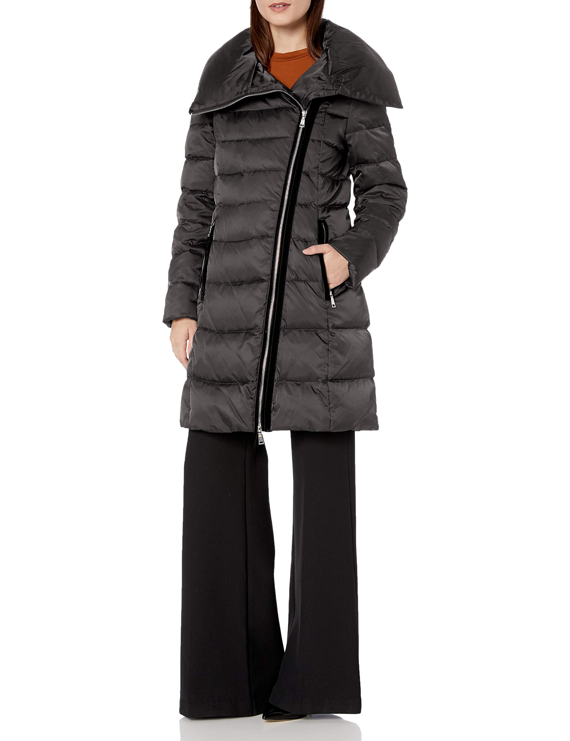 Tahari Women's Heavyweight Asymmetrical Puffer Coat - Winter Warm Down Jacket with Hood for Cold Weather, Fashionable Outerwear for Snow, Travel & Everyday Wear