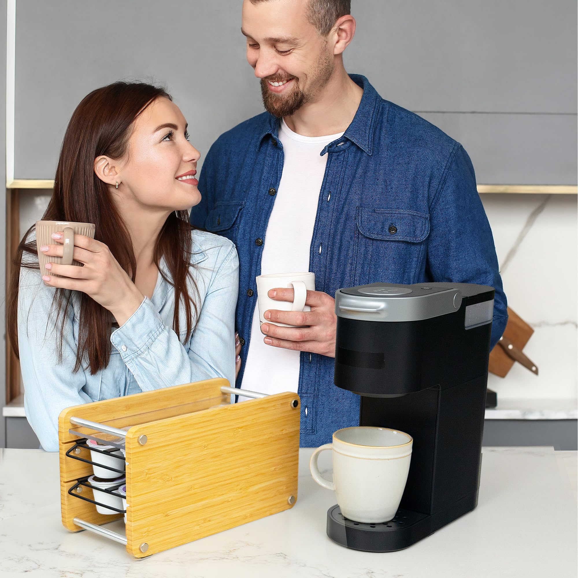 2-Tier Coffee Pod Holder for Keurig K-Cups - 20 K-Cup Storage Capacity with Sliding Drawer - Clear Plexiglass Top & Metal Rack - Kitchen Counter Organizer (Natural) - Perfect for Coffee Stations & Office Break Rooms