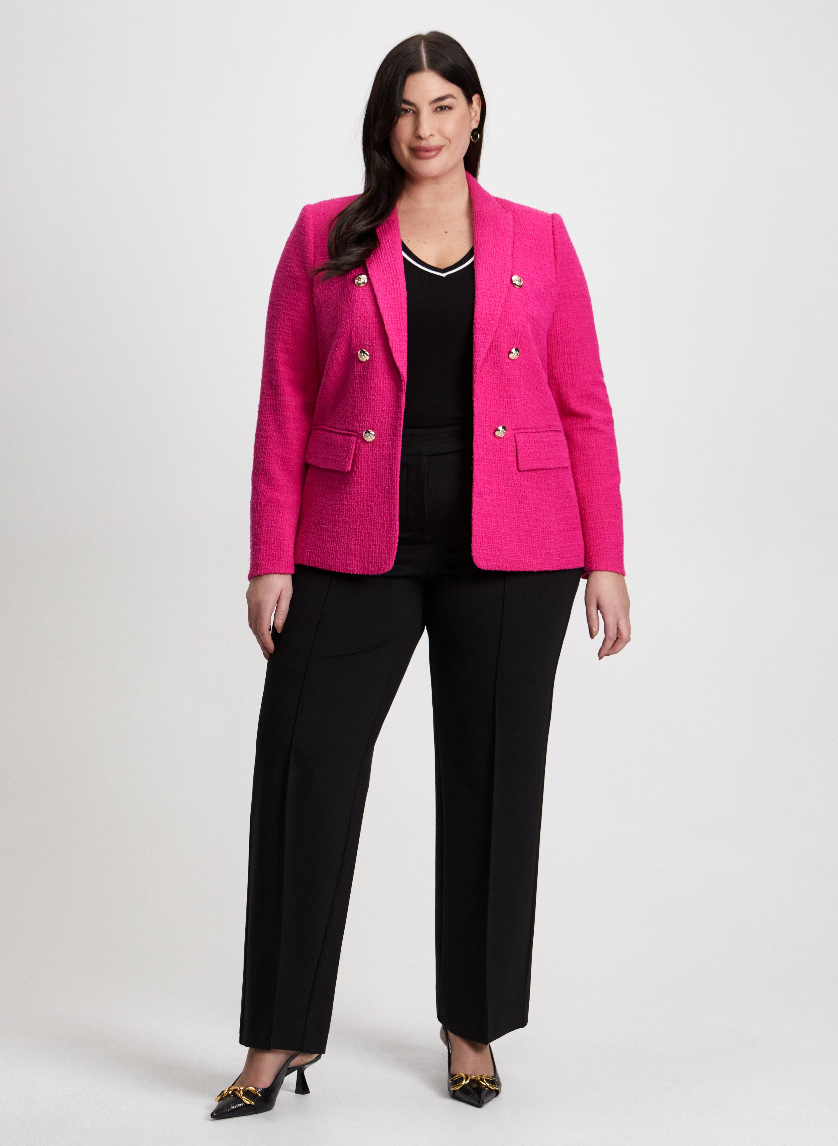 Stylish Button Detail Bouclé Blazer & Modern Fit Wide Leg Pants Set - Women's Office Wear & Business Casual Outfit for Work, Meetings & Special Occasions