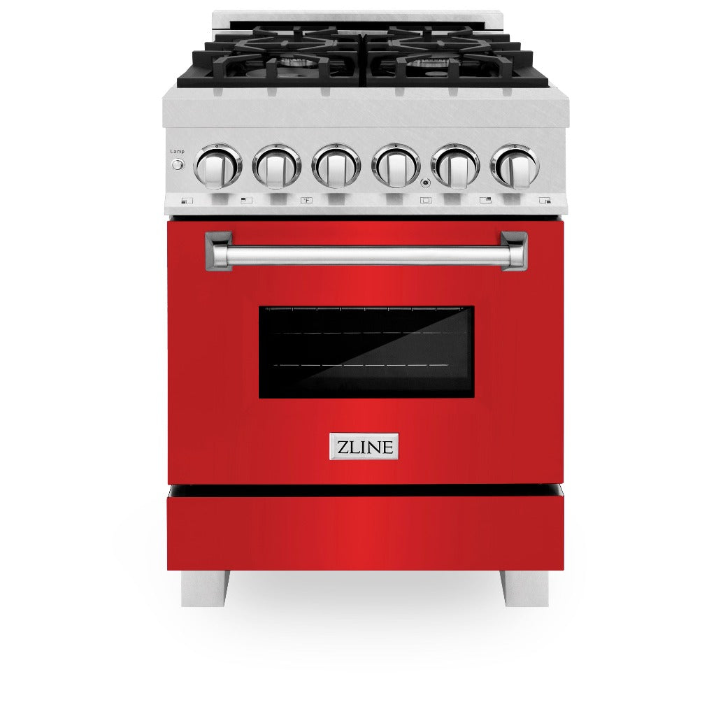 ZLINE 24 Inch 2.8 Cu. Ft. Dual Fuel Range - 4 Burner Gas Cooktop & Electric Convection Oven - Satin Stainless Steel with Red Matte Door (RAS RM 24) - Perfect for Modern Kitchens & Professional Cooking
