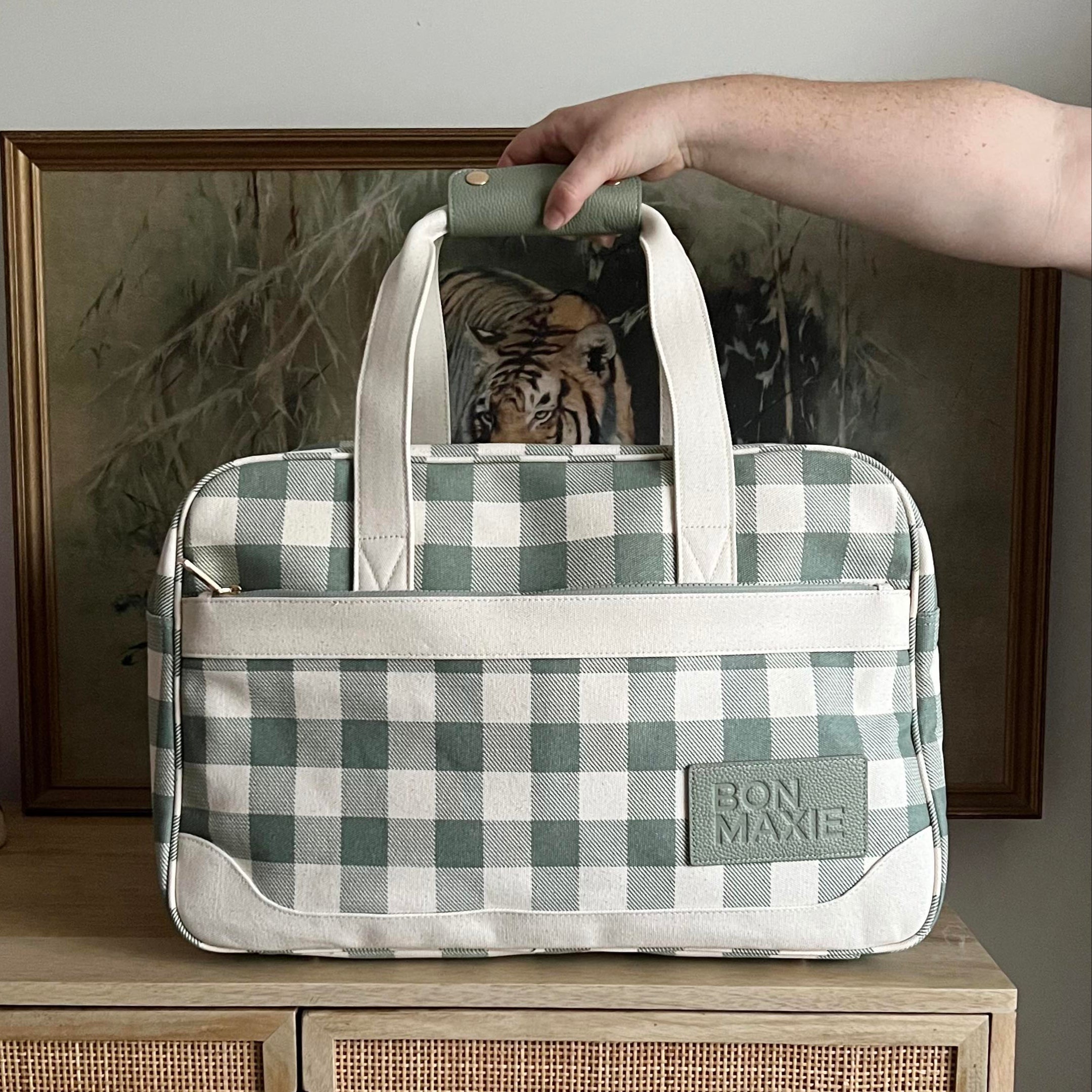 Bon Voyage Weekender Bag - Sage Gingham Checkered Travel Duffel for Women & Men | Perfect for Weekend Getaways, Gym, Overnight Trips & Airplane Carry-On