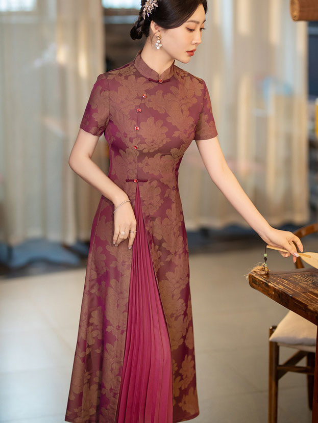 Elegant Fuchsia Blue Jacquard A-Line Cheongsam Dress for Women - Vintage Chinese Qipao Style for Mother's Day, Wedding, Party & Special Occasions